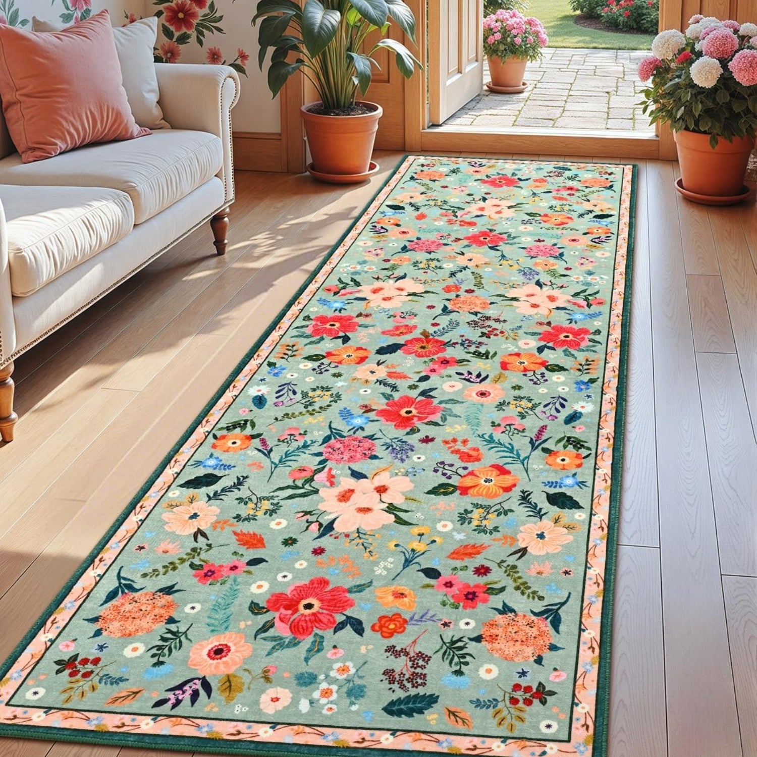 Macgace 2x6 floral runner rug with washable, non-slip design and colorful flower print on a home floor.