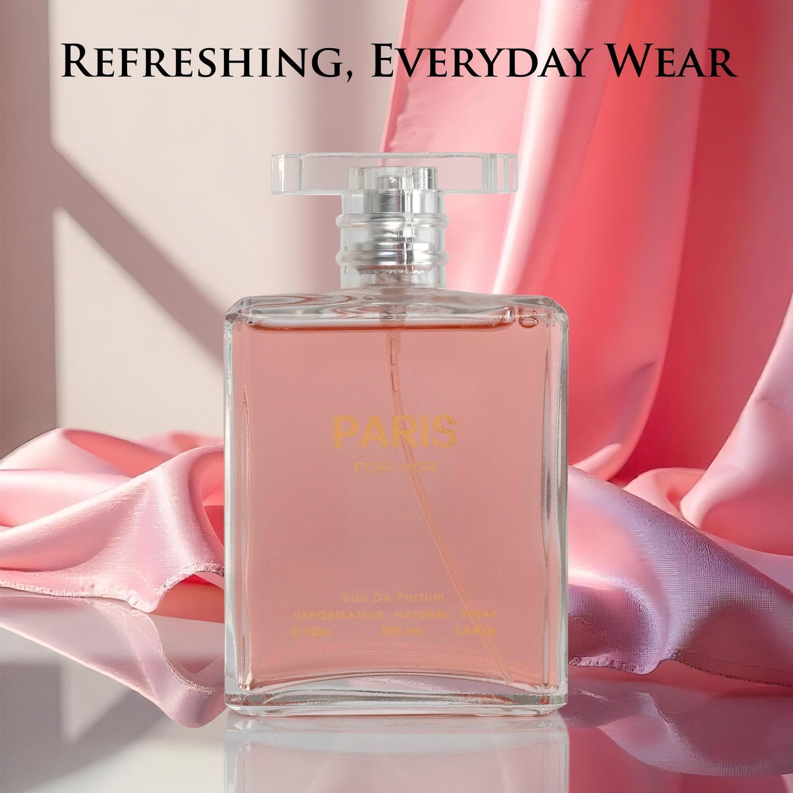 Novoglow Paris For Her Eau De Parfum spray bottle, elegant packaging, ideal for women's daytime fragrance, perfume for women.