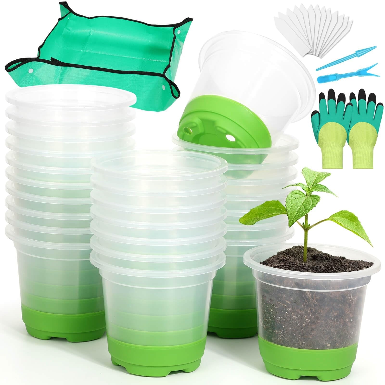 Caffox 57-piece reusable seed starter kit with 26 clear 4-inch nursery pots and planting accessories for gardening.