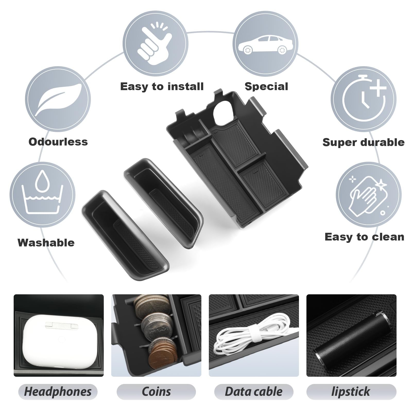 SKTU 3-piece Ford Mustang center console organizer for 2024-2026 models, shown in black with compartments for storage.