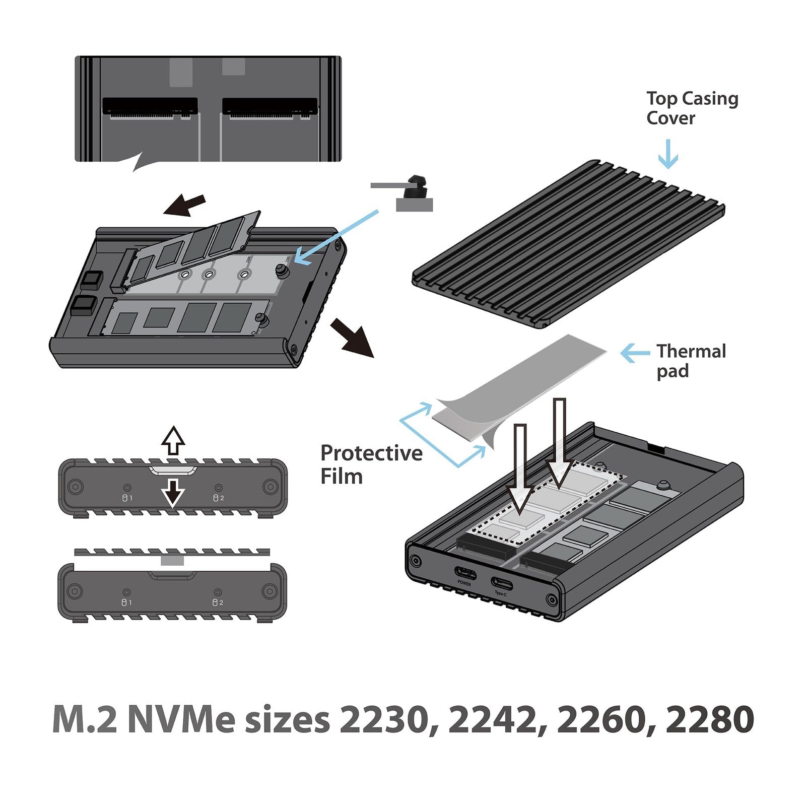 Vantec NexStar SX USB 3.2 Gen2x2 dual M.2 NVMe enclosure with USB-C port, black metal case, showing the device from a front view.