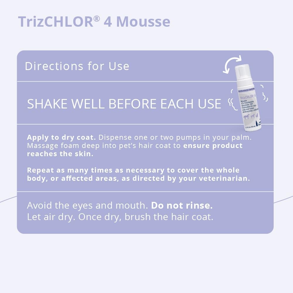 TrizCHLOR 4 Mousse for dogs, cats, and horses in a 7.1-ounce bottle, with a pump dispenser and labeled packaging.