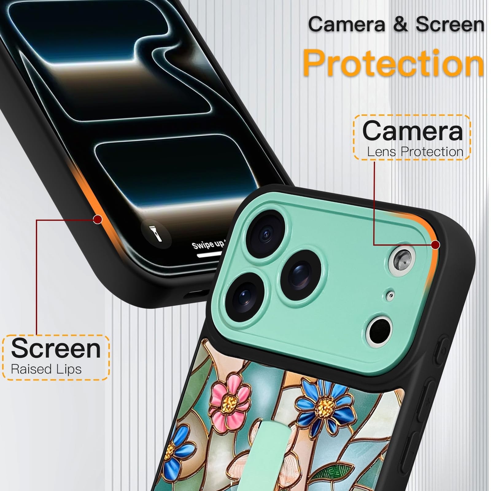 SOKAD 3D floral iPhone 17 Pro phone case with finger strap and kickstand, featuring colorful floral design and protective edges.