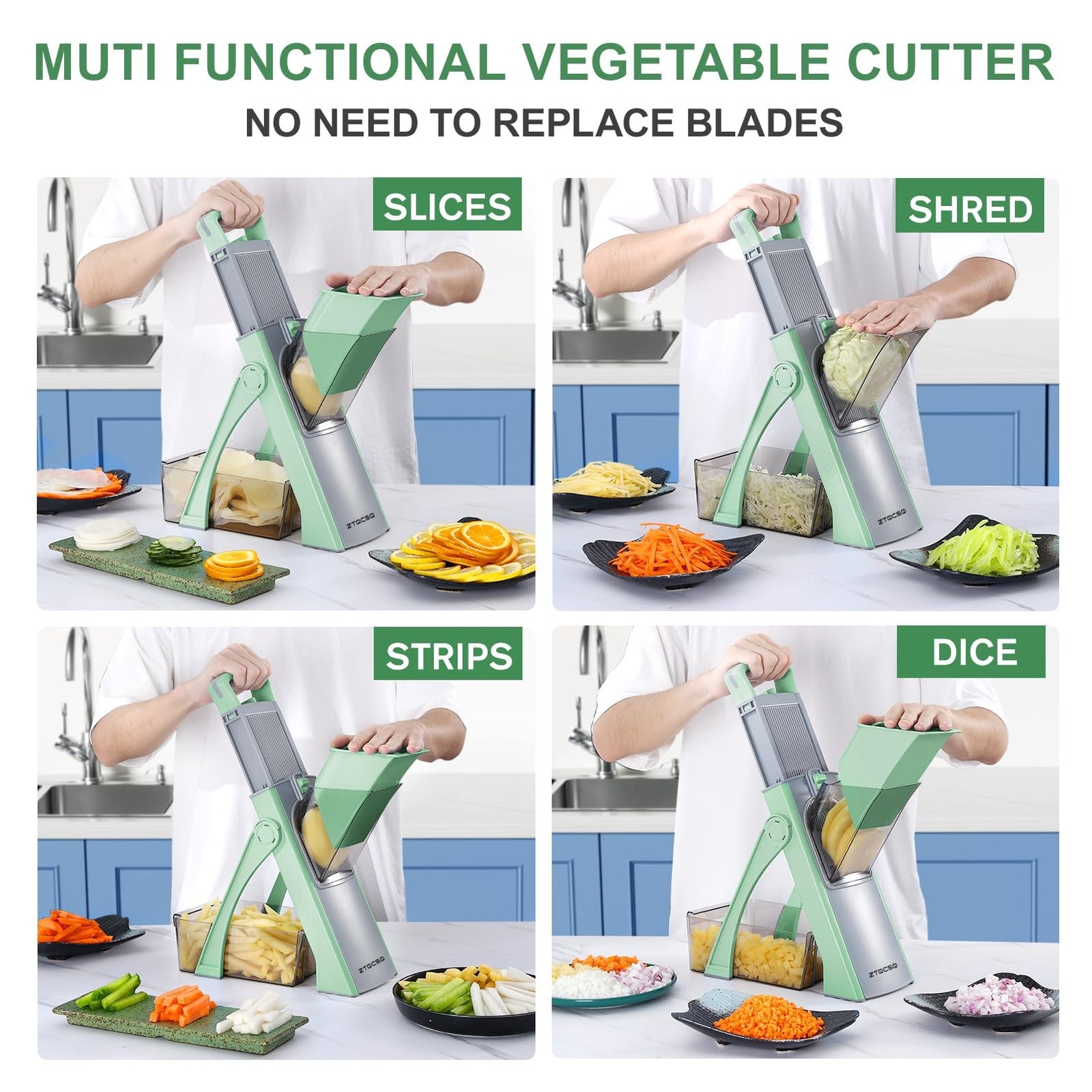 ZTQCSQ All-in-1 upgraded mandoline slicer for kitchen with adjustable blades, safety features, and efficient slicing options.