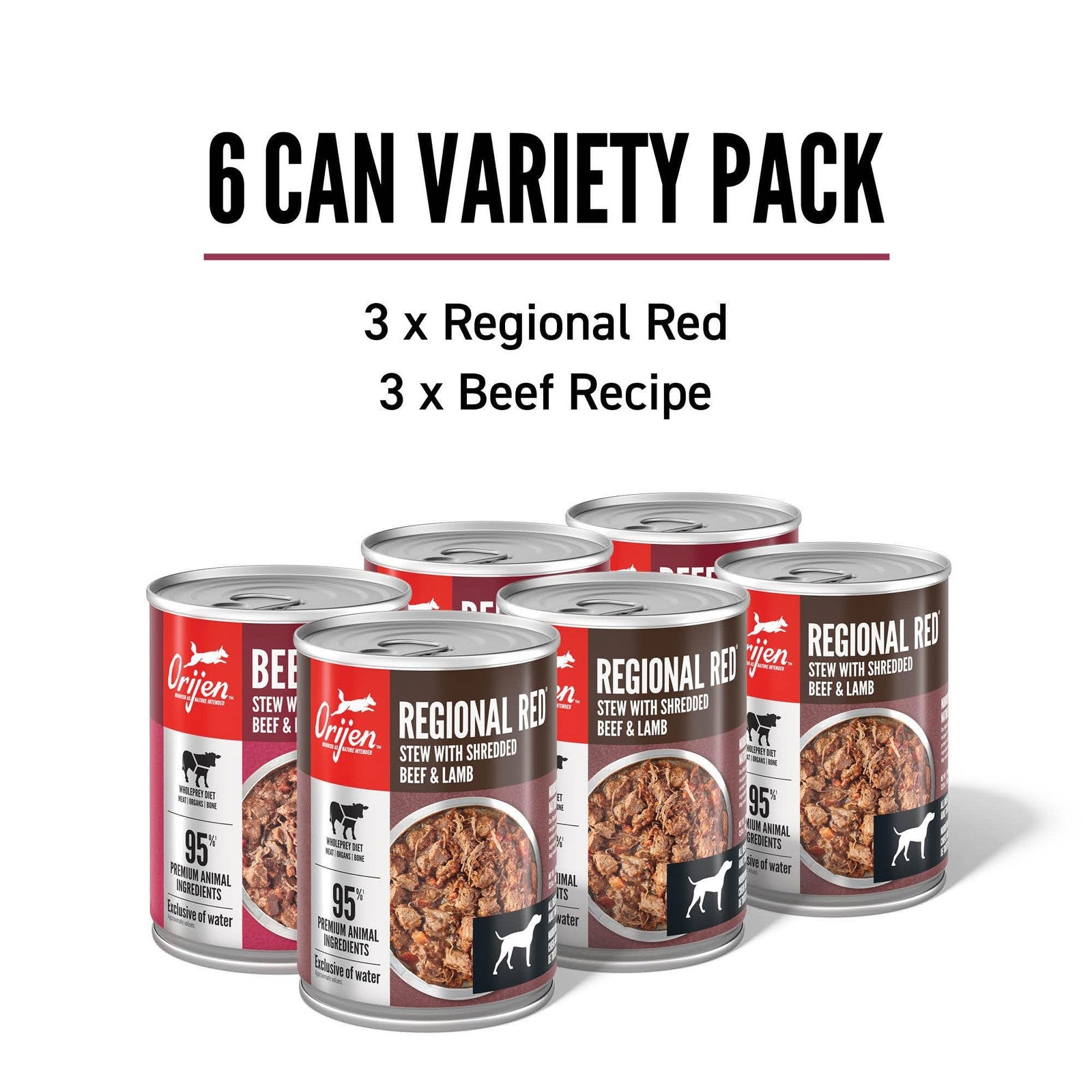 ORIJEN Real Meat Shreds Wet Dog Food Variety Pack featuring Regional Red Beef in 12.8oz cans, showing colorful cans with shredded beef.