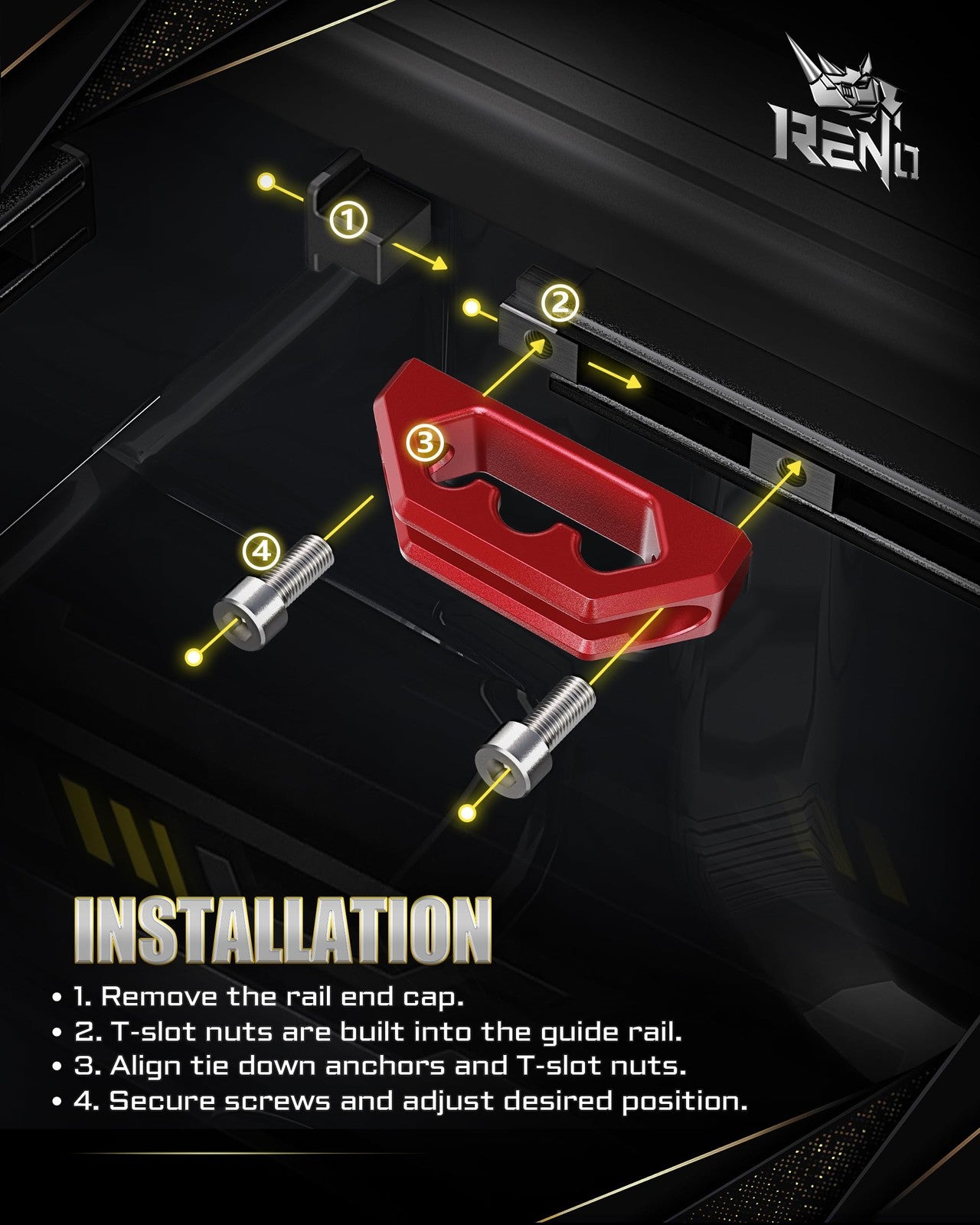 RENO bed rail cleats and tie down anchors on cargo trailer for Tacoma, Tundra, and Gladiator trucks, showing secure cargo tie-down points.