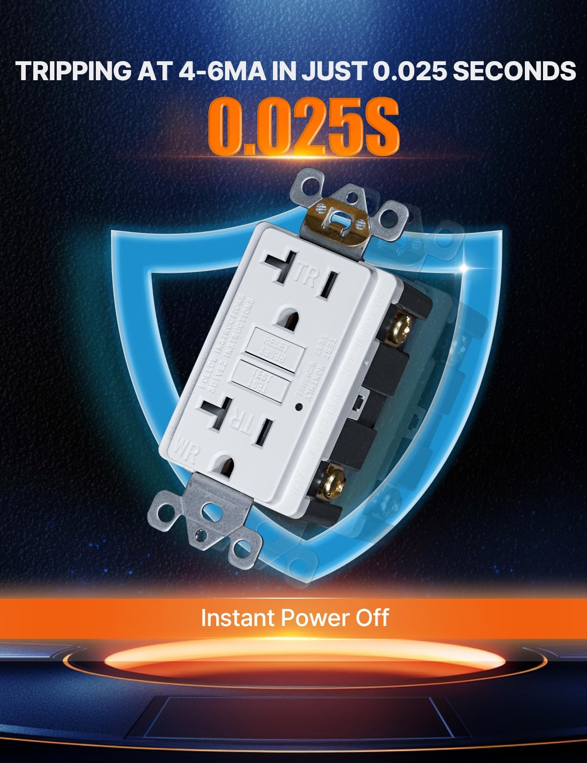 MOES 20 Amp GFCI outlet with self-test and weather-resistant cover, tamper-resistant design, UL certified for safety.