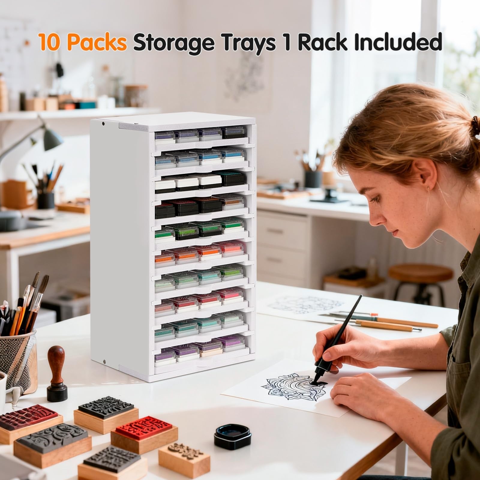 SANFURNEY ink pad organizer rack with 10 slots for mini stamp ink pads, compact storage tray for craft and stamping supplies.