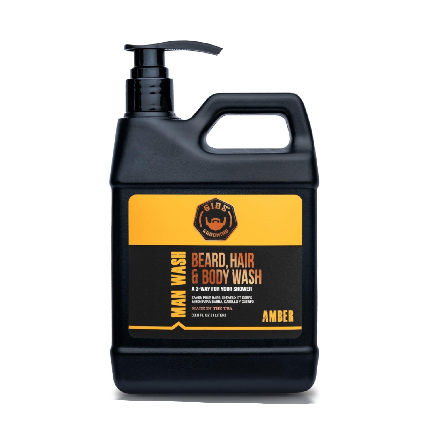 GIBS Grooming Amber Man Wash 33.8 fl oz 3-in-1 beard, hair, body soap with citrus scent in a large pump bottle