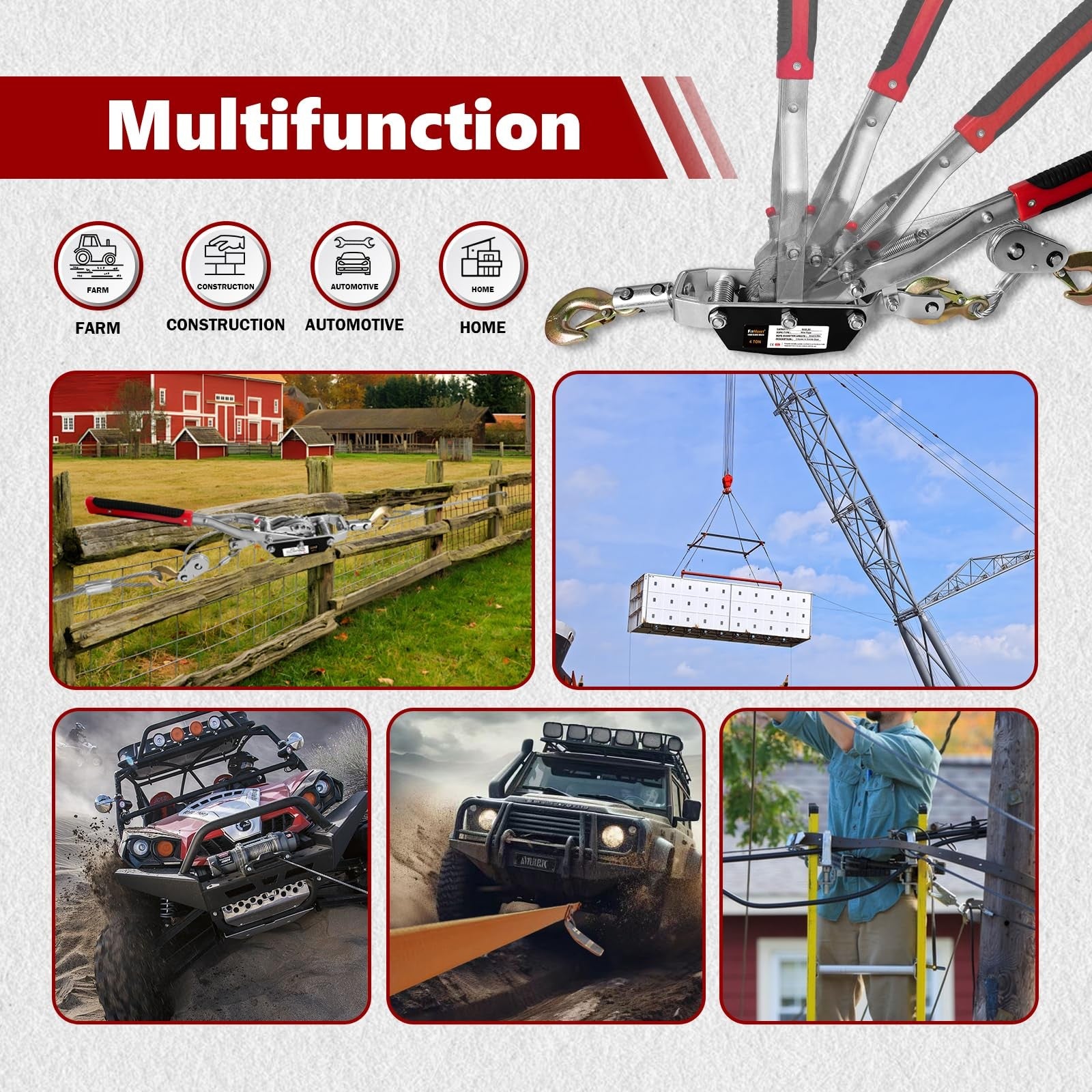 FITHOIST Come Along Winch with 4-ton capacity, 10-foot steel cable, heavy-duty ratchet power pull for lifting and pulling tasks.