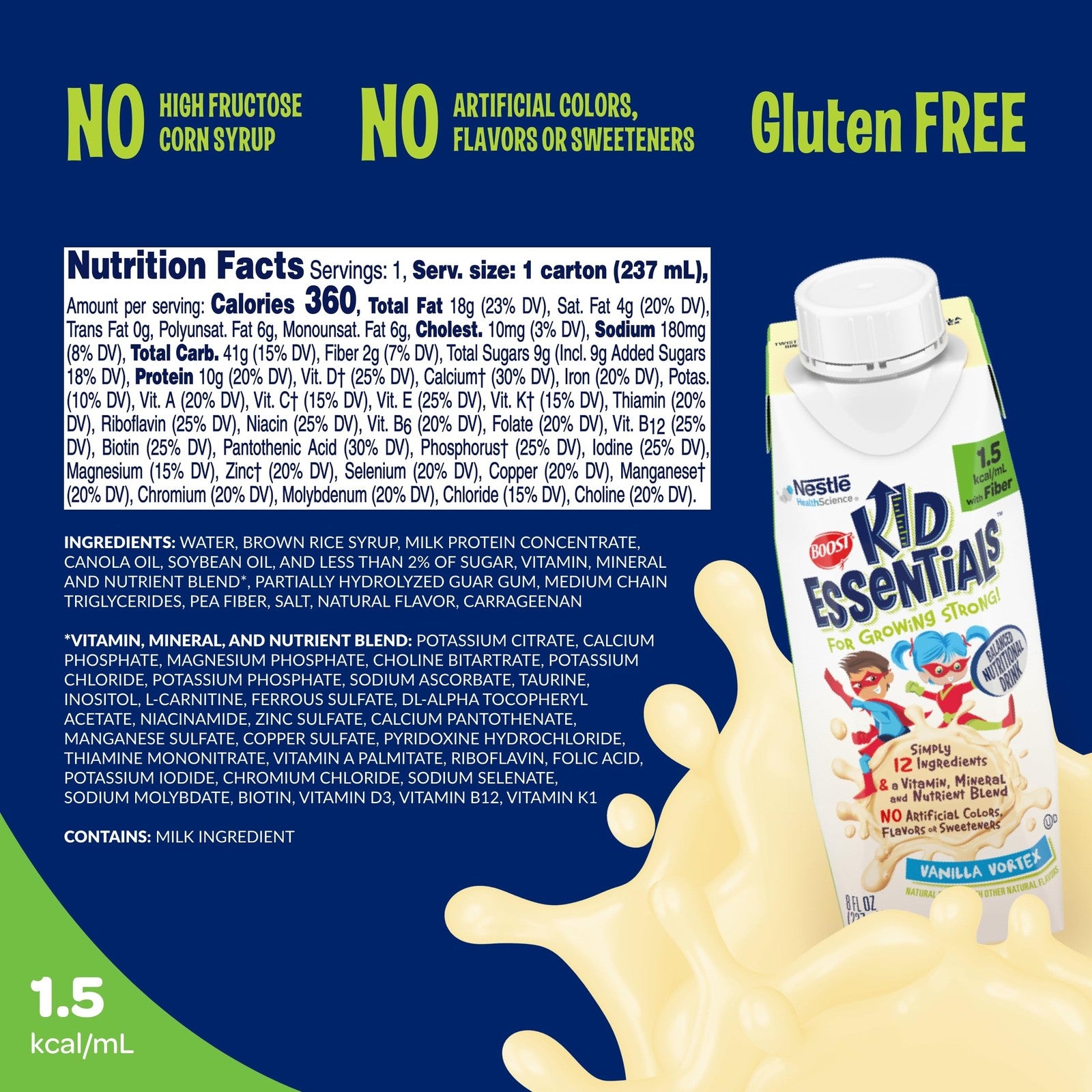 Boost Kid Essentials 1.5 vanilla vortex nutritional drink with fiber, in a ready-to-drink bottle designed for children.