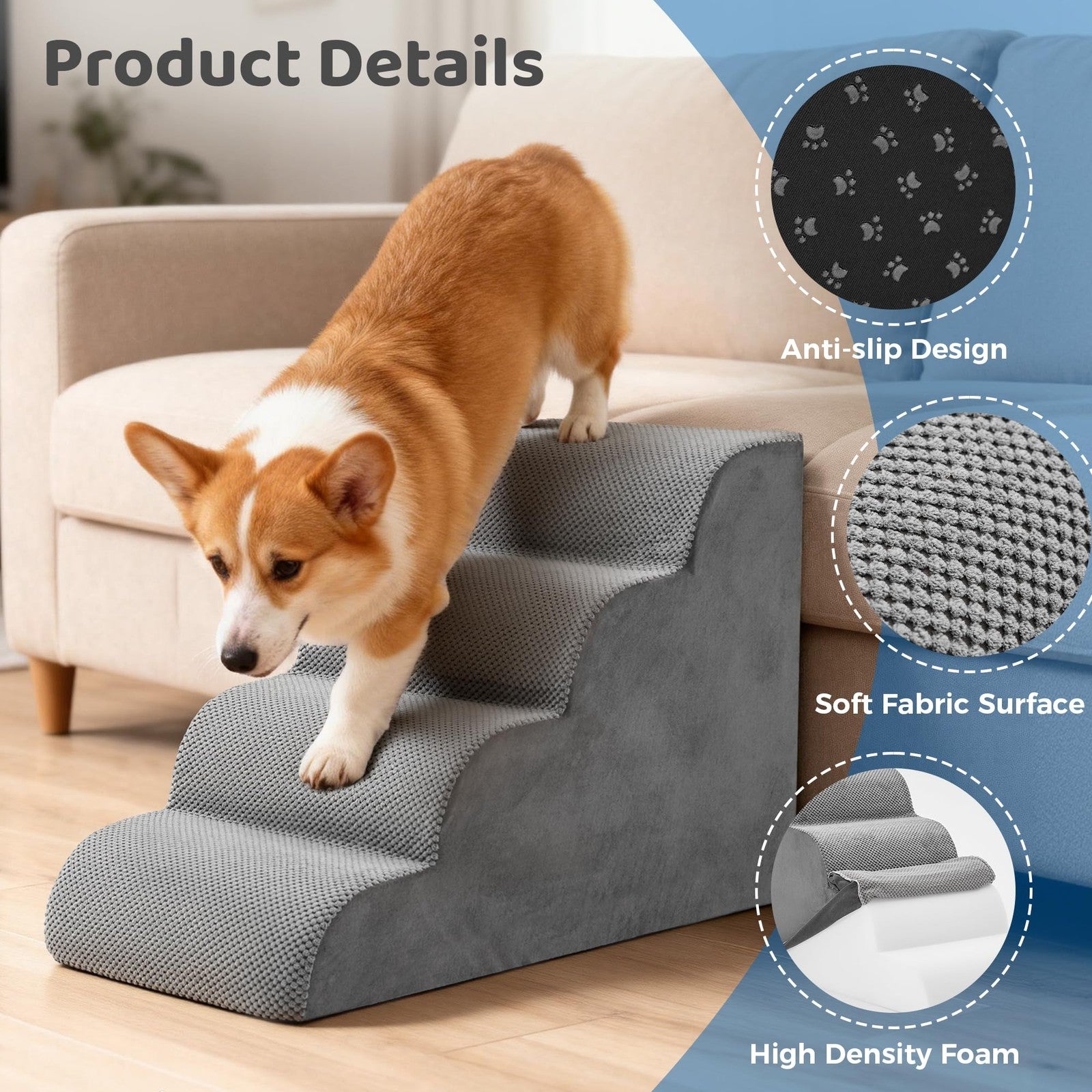 DUMOS 4-step curved dog and cat stairs ramp for small pets, showing the wooden design and non-slip surface.