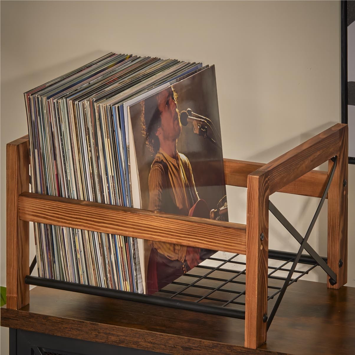X-cosrack vinyl record holder for 7-12 inch albums, sturdy metal rack with capacity for 50-100 records, organized storage solution.
