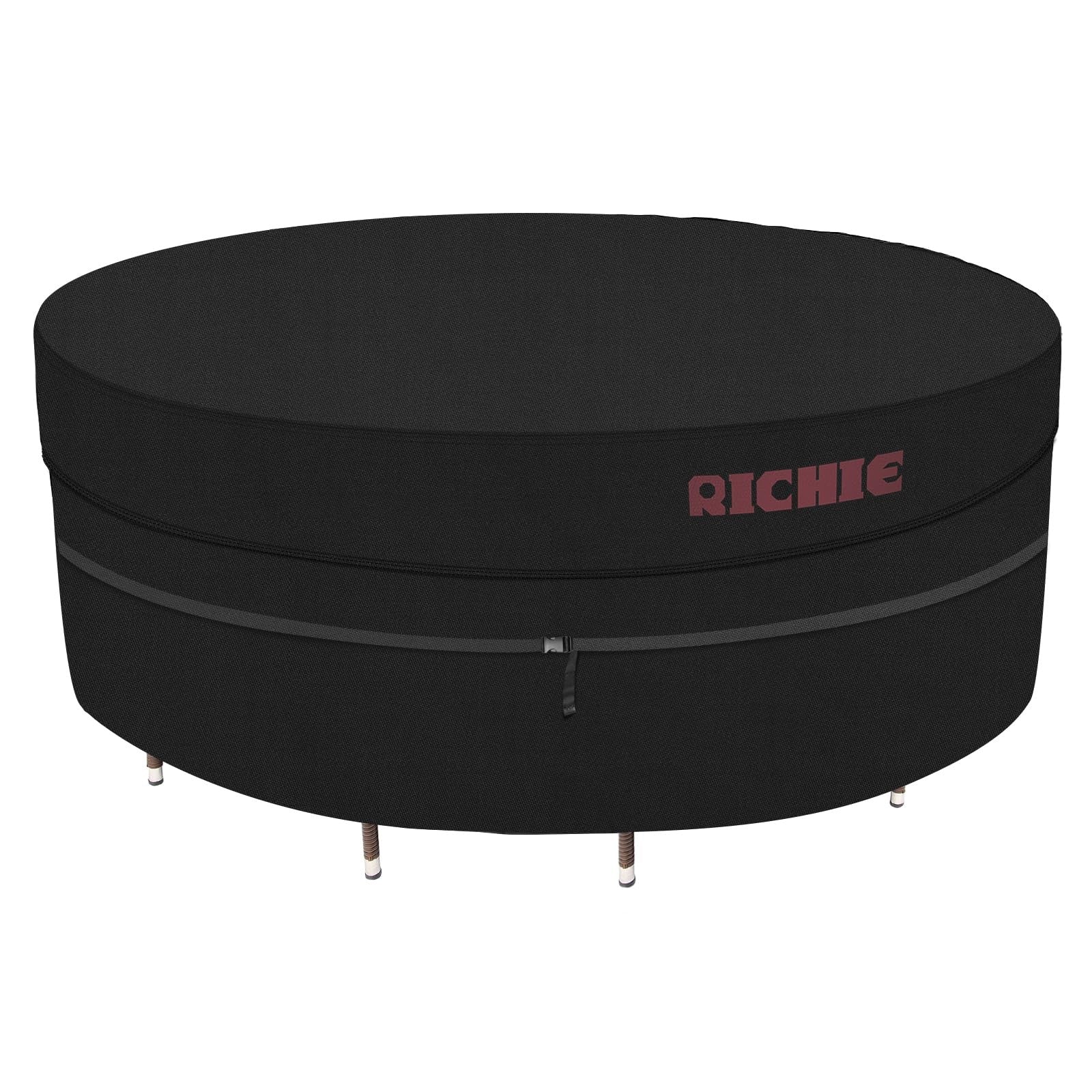 RICHIE waterproof round patio furniture cover made of 600D UV-resistant fabric, designed to protect outdoor furniture from weather.