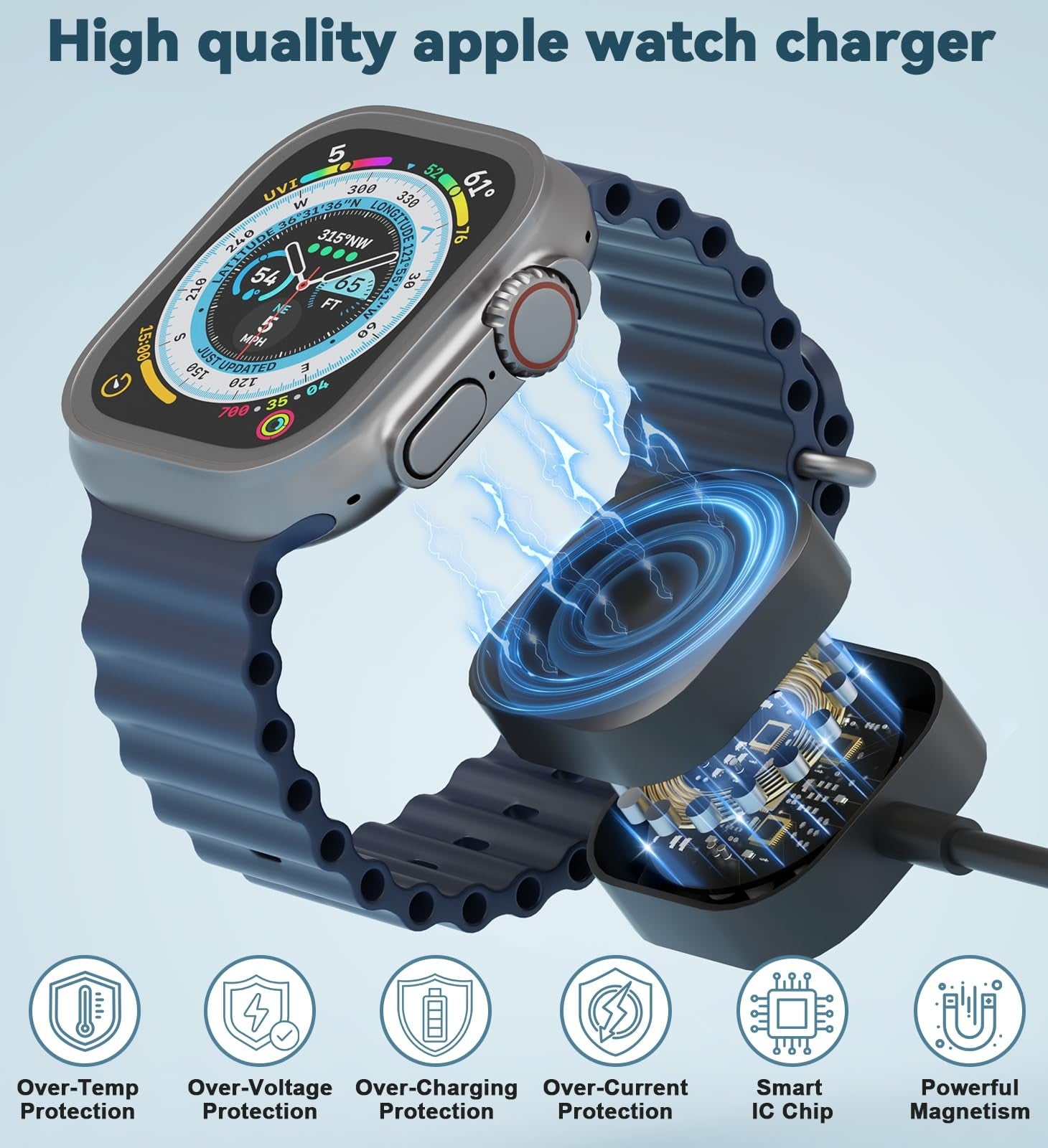 Bawanfa Plus Apple Watch 4-in-1 retractable charging cable with USB-C and Lightning connectors, 6ft fast charger on a white background.