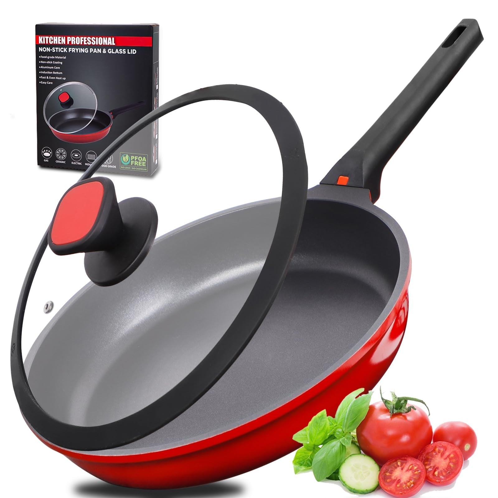 DIIG 11.5-inch nonstick frying pan with silicone lid, oven-safe cast aluminum skillet for versatile cooking.