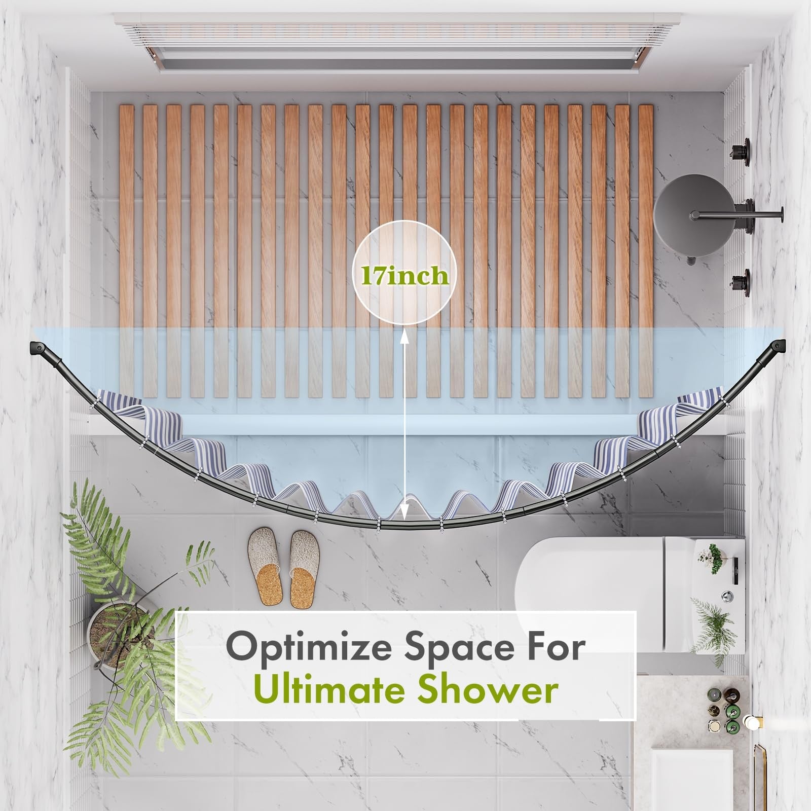 AzerBath heavy-duty curved shower curtain rod in 20-84 inch length with arched design, made of durable metal for bathroom use.