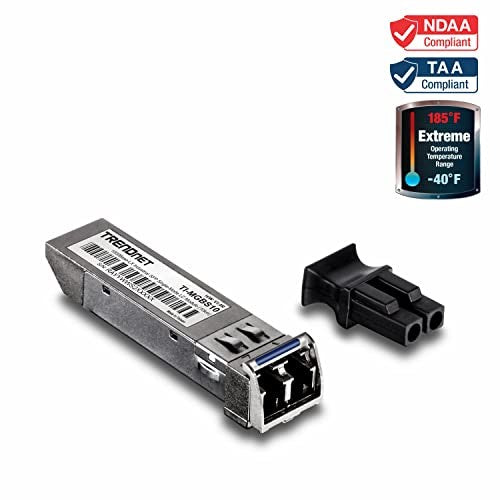 TRENDnet SFP to RJ45 industrial single-mode LC module with 10km range for 1000Base-T networks, model TI-MGBS10