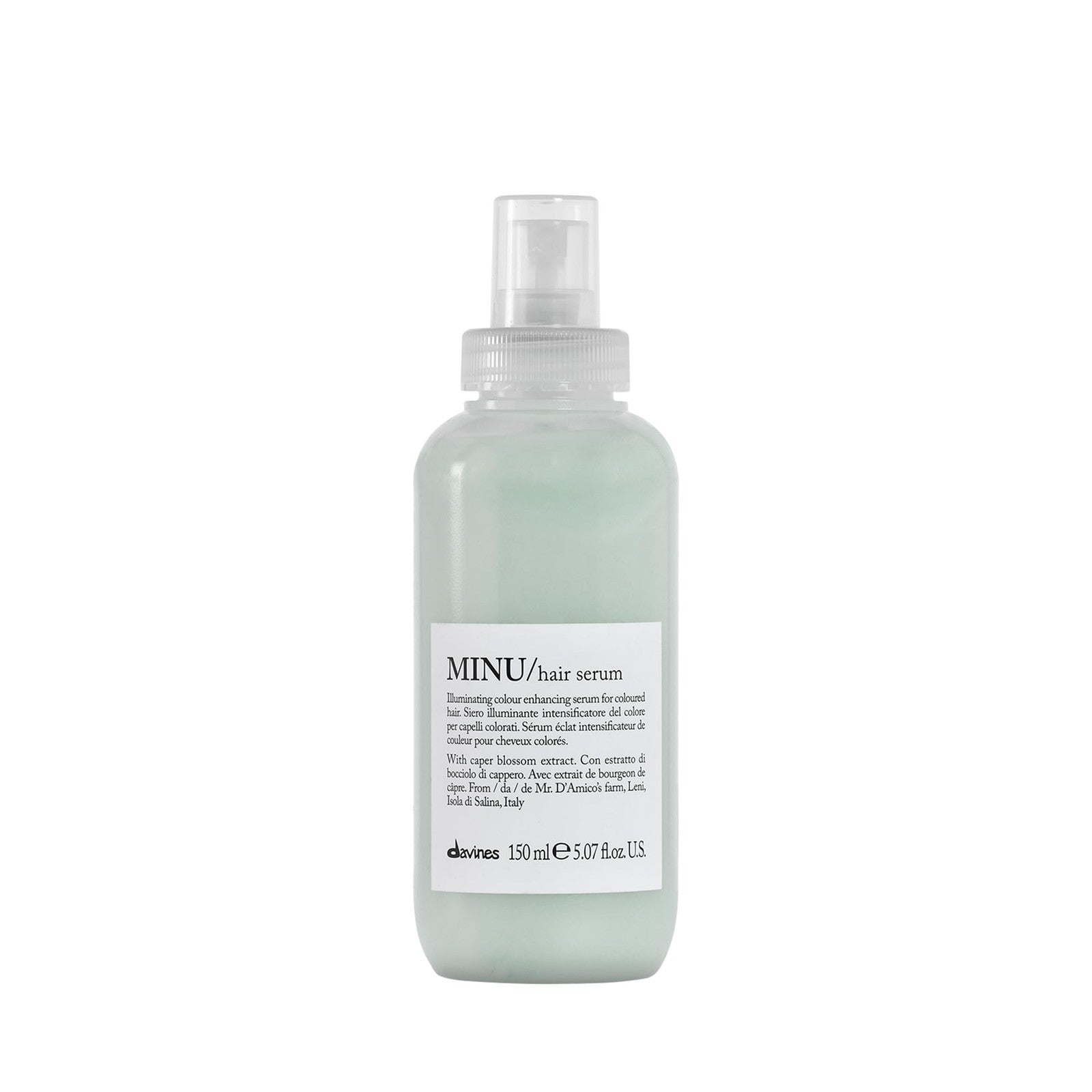 Davines MINU Hair Serum bottle with pump dispenser, protective leave-in moisturizer for color-treated hair, on a white background.