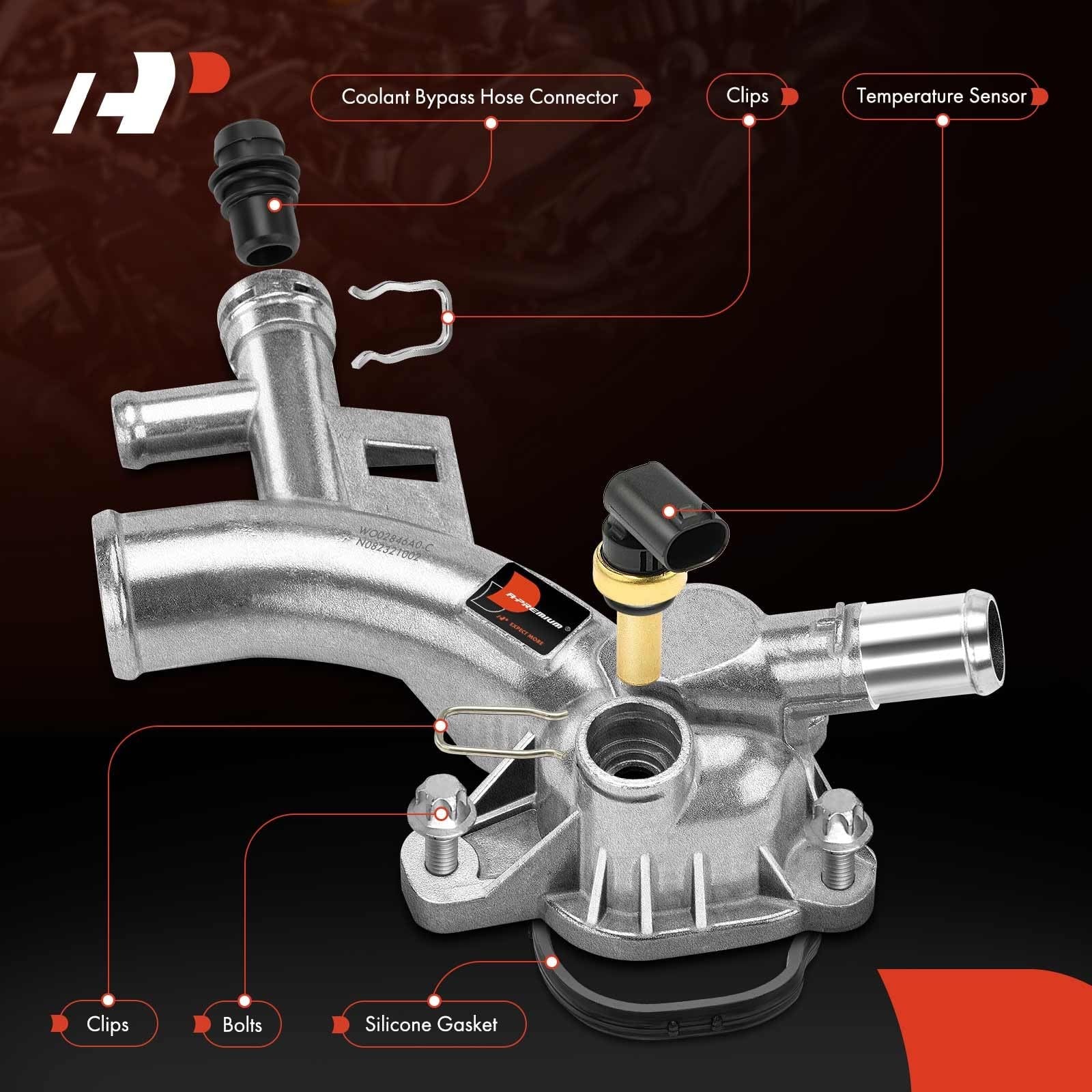 A-Premium aluminum coolant housing water outlet for Chevy Cruze, Sonic, Trax 1.4L engine, showing the metallic water outlet part.