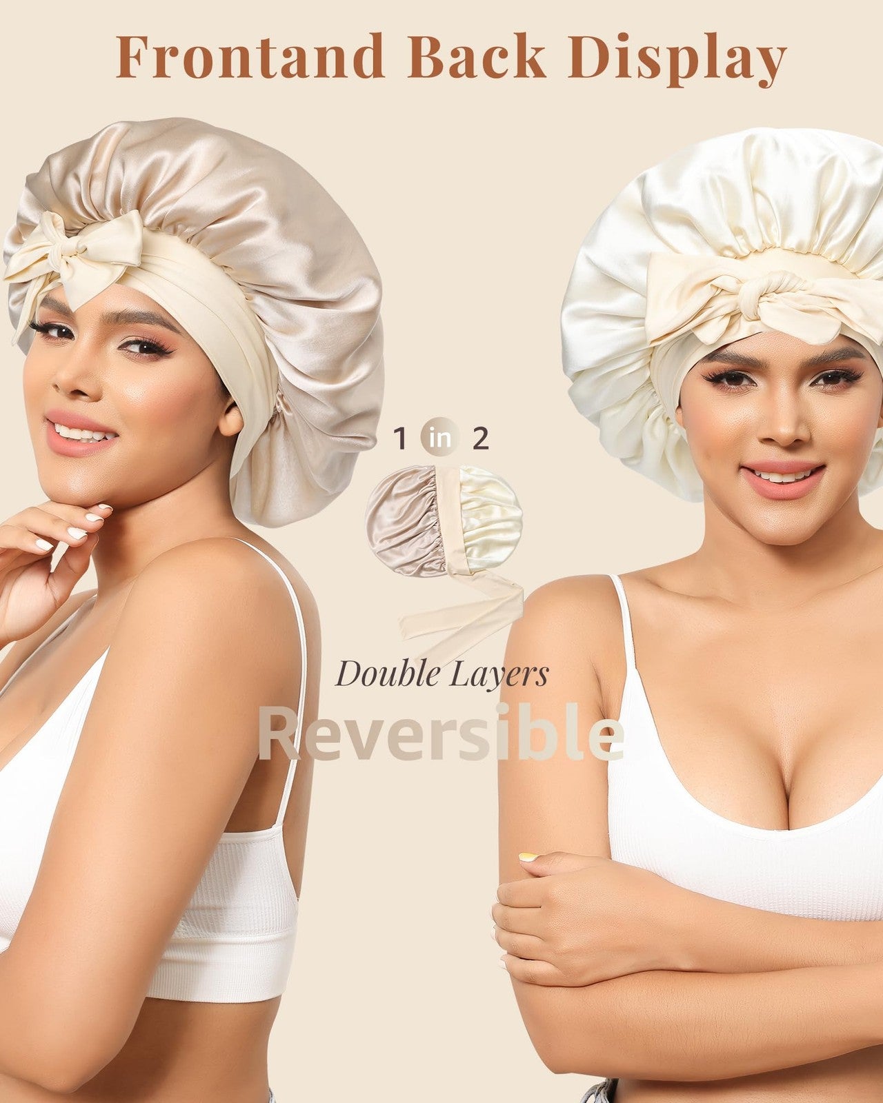 AWAYTR silk sleeping bonnet for women, 100% Mulberry silk with a band, showing soft, shiny, two-layer design for gentle hair protection