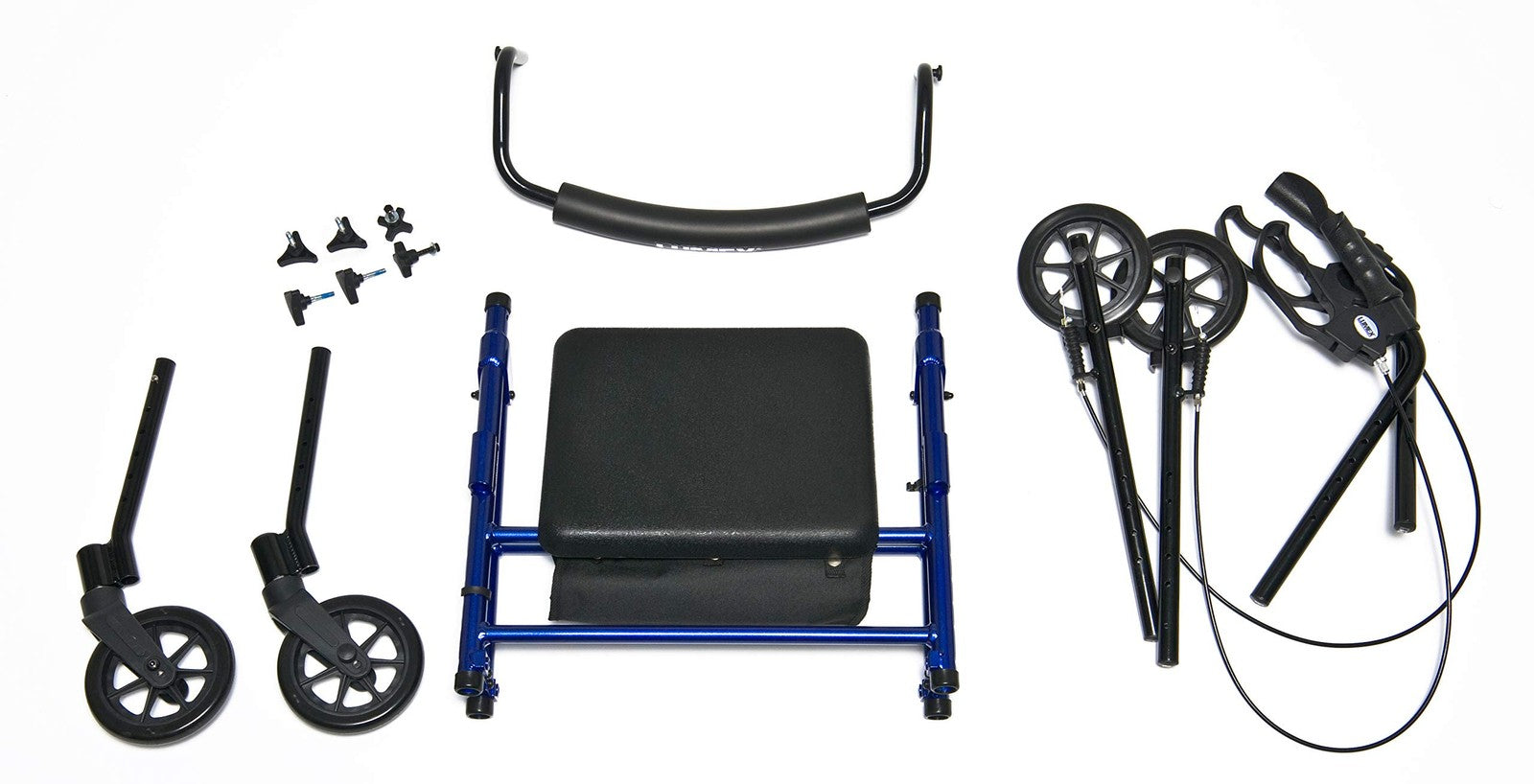 Height-adjustable Lumex Set N Go rollator with four wheels, ergonomic handles, and a built-in seat for easy mobility.
