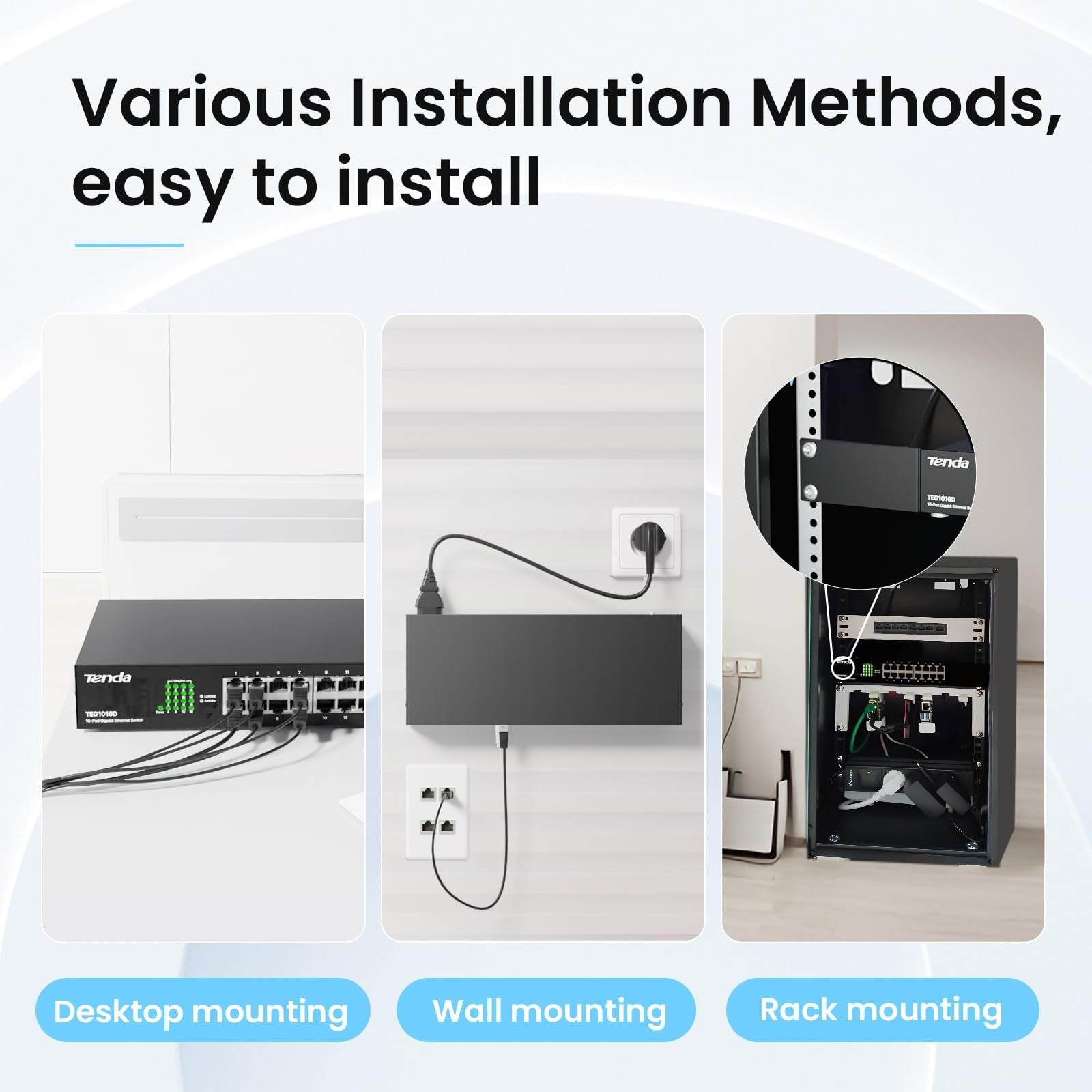 Tenda TEG1016D 16-port Gigabit unmanaged desktop network switch with LED indicators and ventilation slots.
