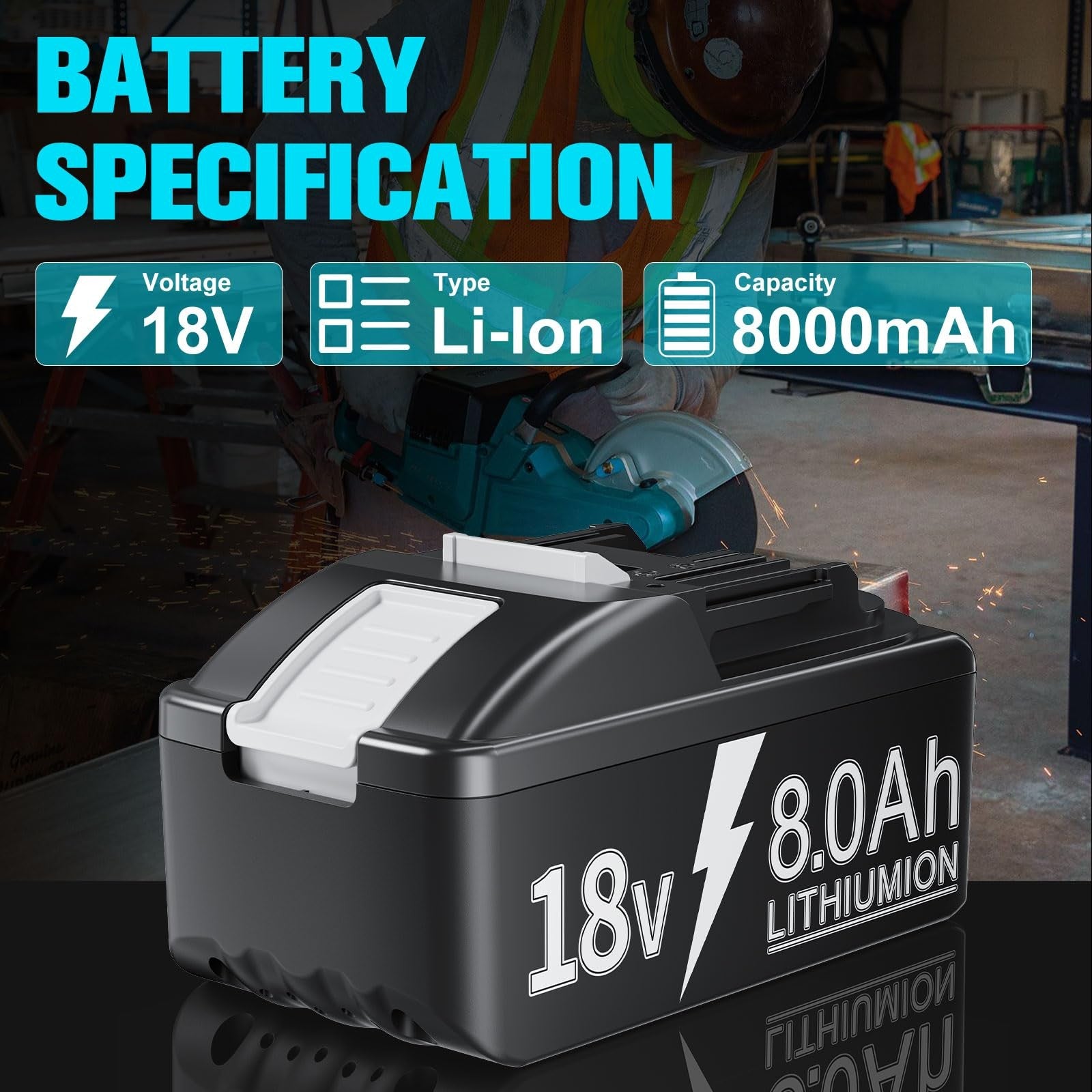 TURPOW upgraded 8.0Ah replacement battery for Makita 18V power tools with double rapid charger, shown with battery and charger.