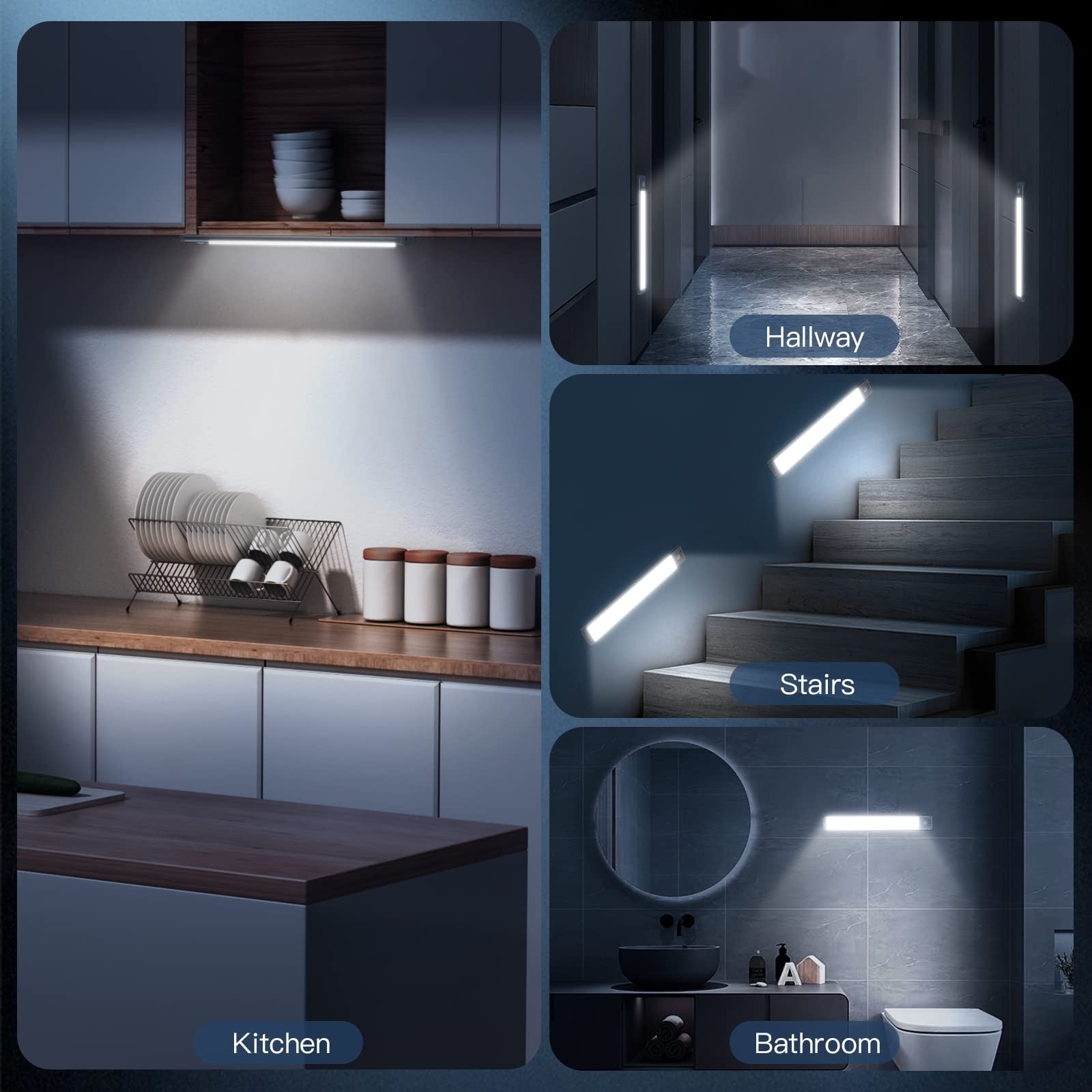 MCGOR 10-inch under cabinet LED lighting with rechargeable battery, motion sensor, and dimmable feature, installed under kitchen cabinets.