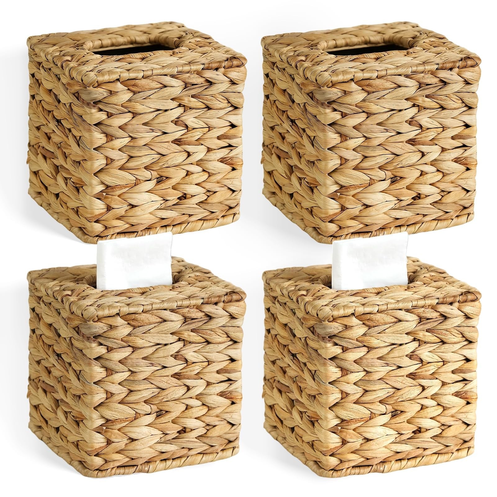 KALEKAIL 4-pack wicker tissue box cover set featuring square rattan tissue holders with boho-style design.