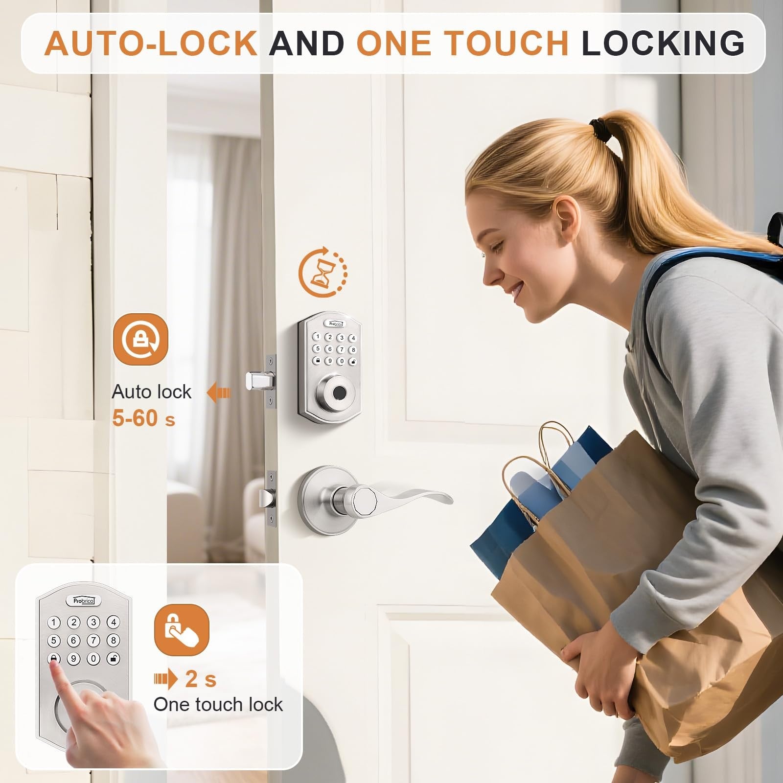 Probrico smart door lock in satin nickel finish with keypad for keyless entry and secure home access.