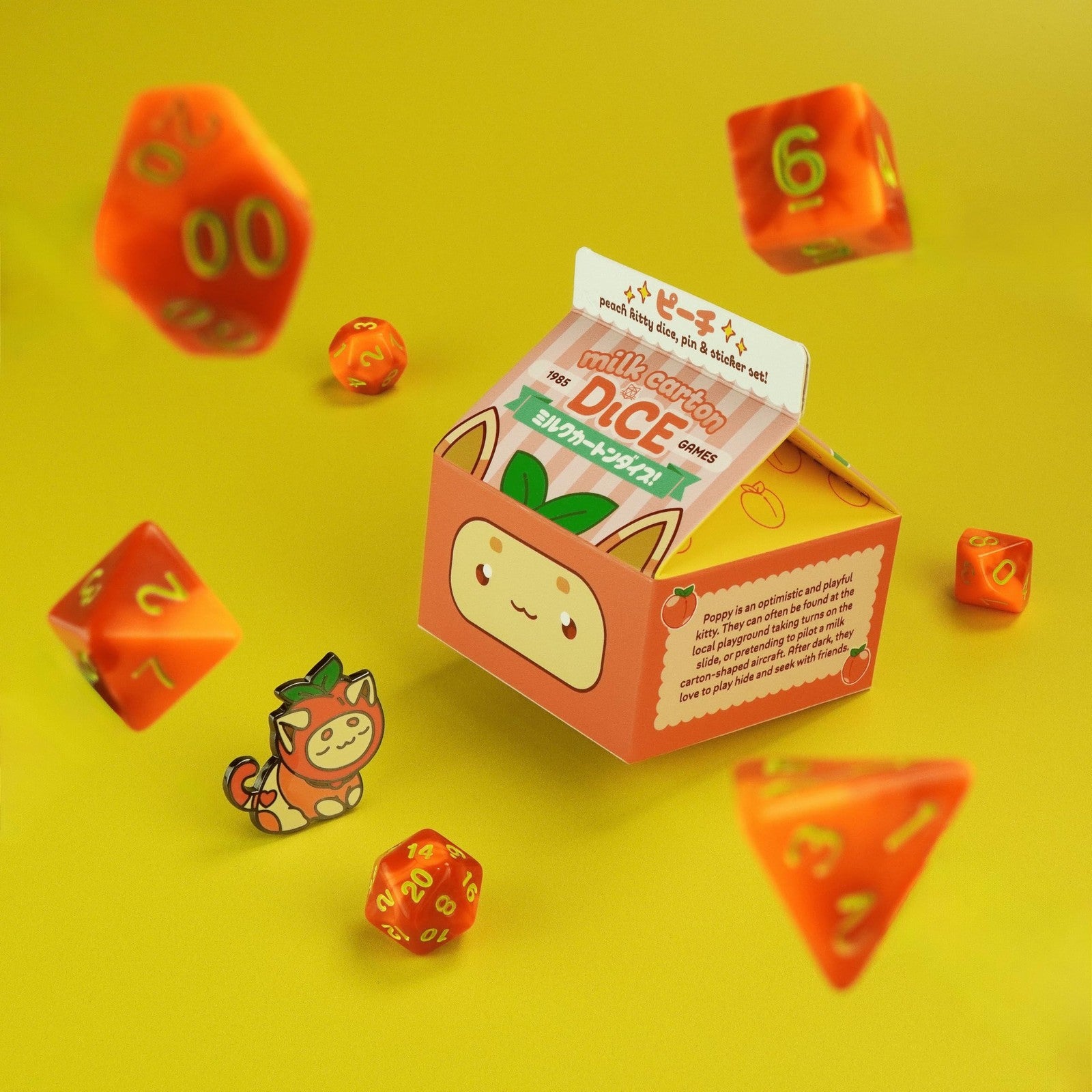 1985 Games Peach Cat Milk Carton Dice Set with 10 custom DND dice resembling milk cartons and a cute peach cat design.