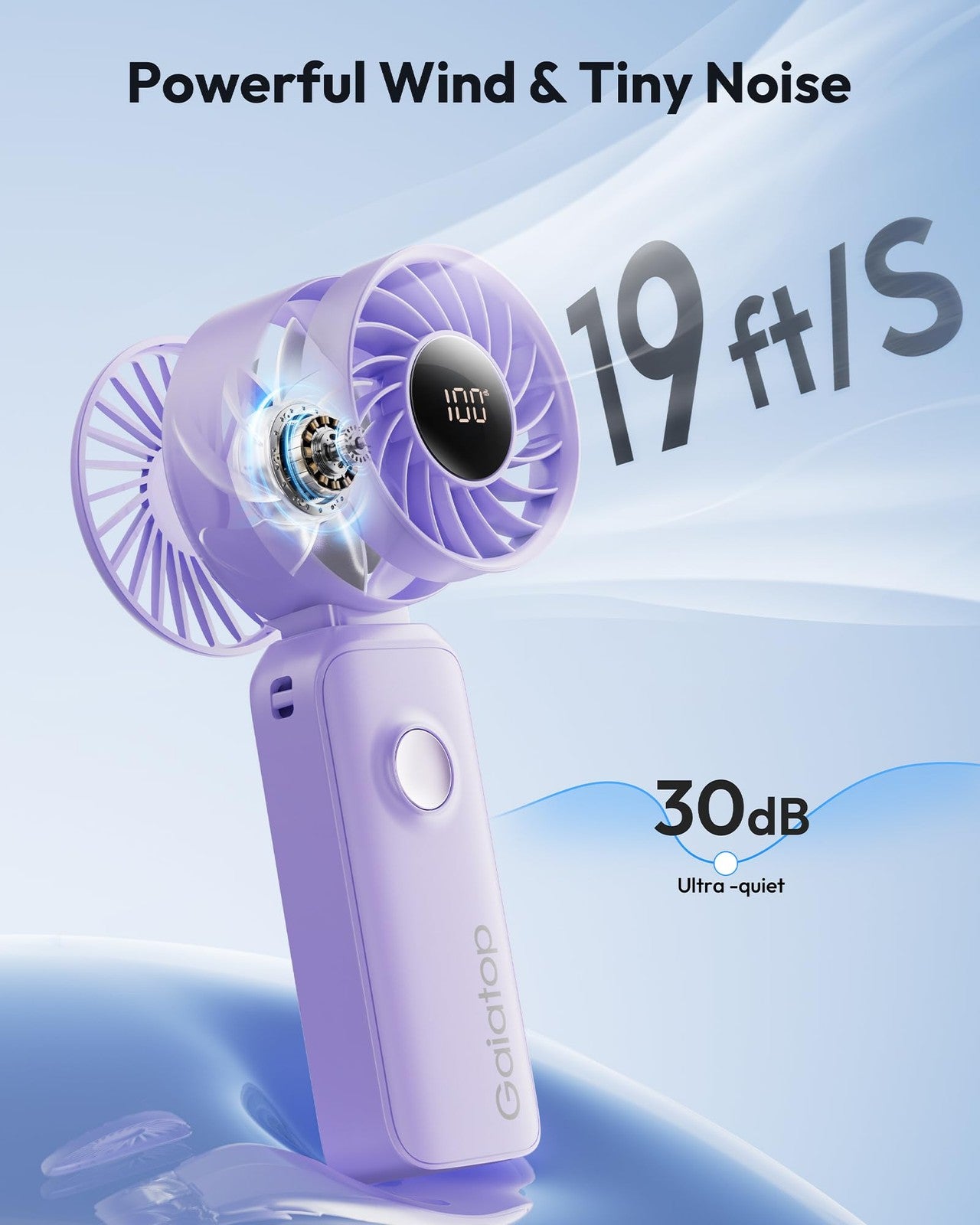 Gaiatop portable handheld fan with 5-speed settings, rechargeable battery, and 3-in-1 neck design for versatile cooling.