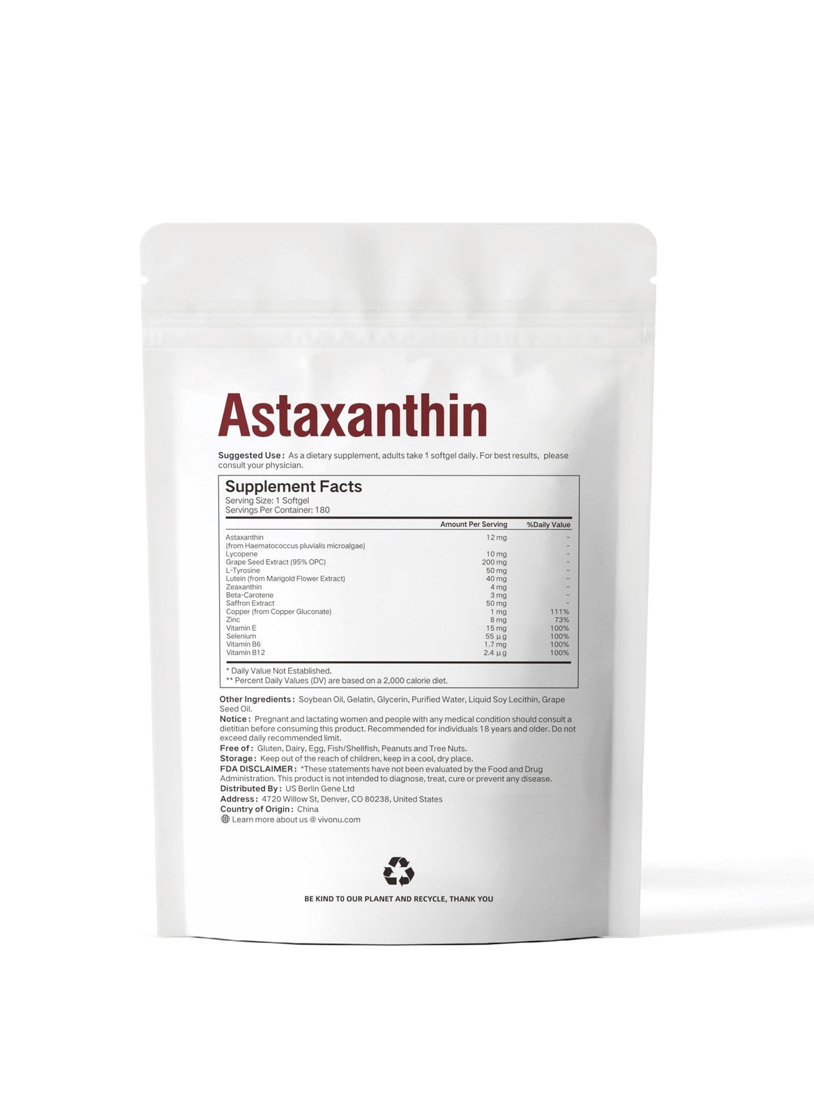 VivoNu 14-in-1 Astaxanthin 12mg and Lutein 40mg supplement bottle with capsules, 6-month supply for eye health support