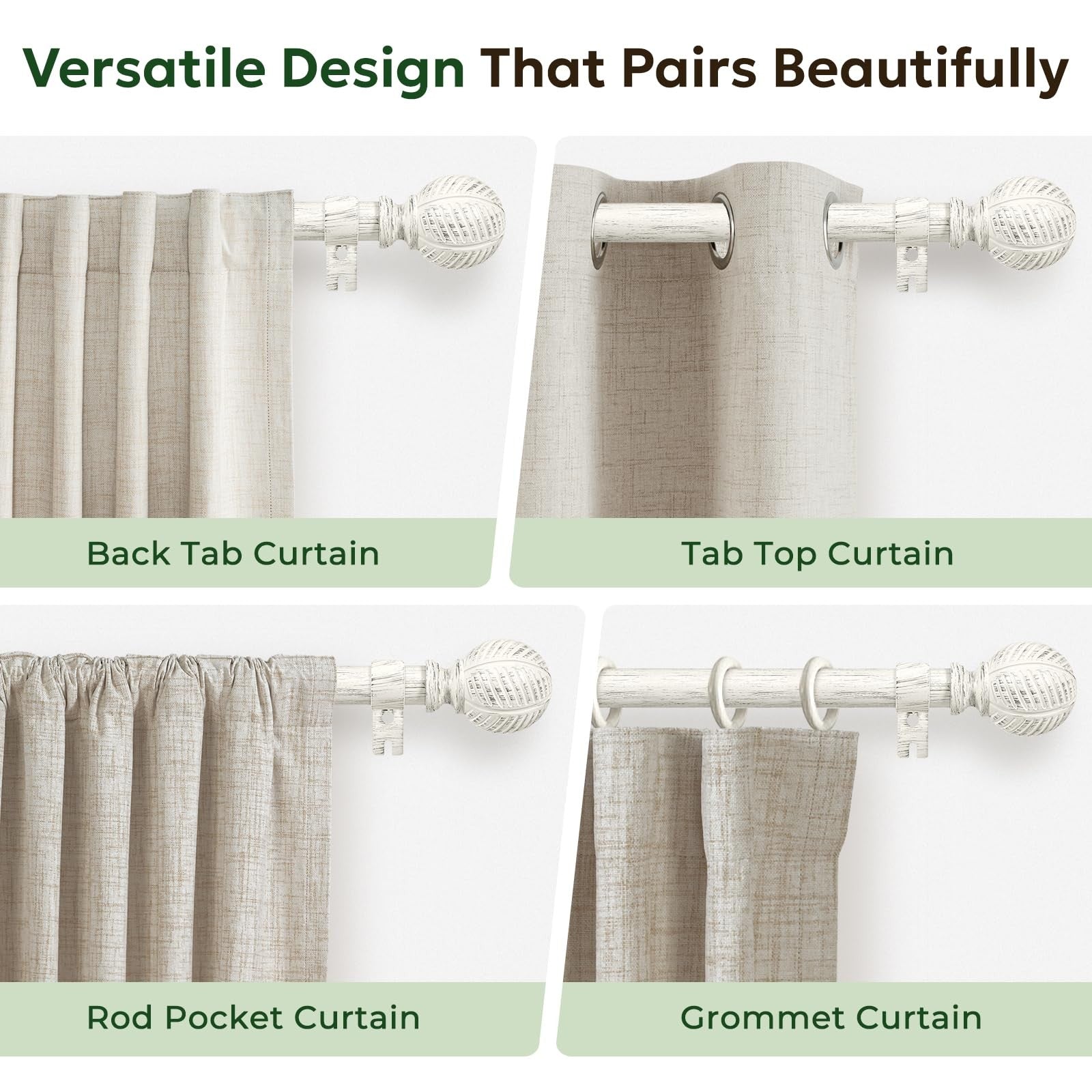 Zeerobee 1-inch wood curtain rod with heavy-duty design, adjustable length 32-48 inches, for window drapery or curtains.