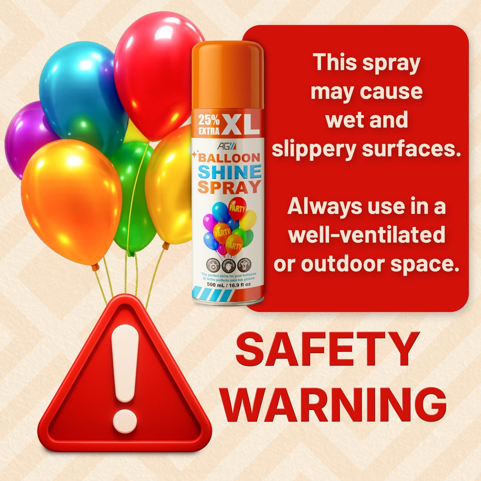 Ag Adhesive Guru Balloon Shine Spray bottle with high gloss finish for latex balloons, 3x16.9 fl oz, in a clear spray bottle.
