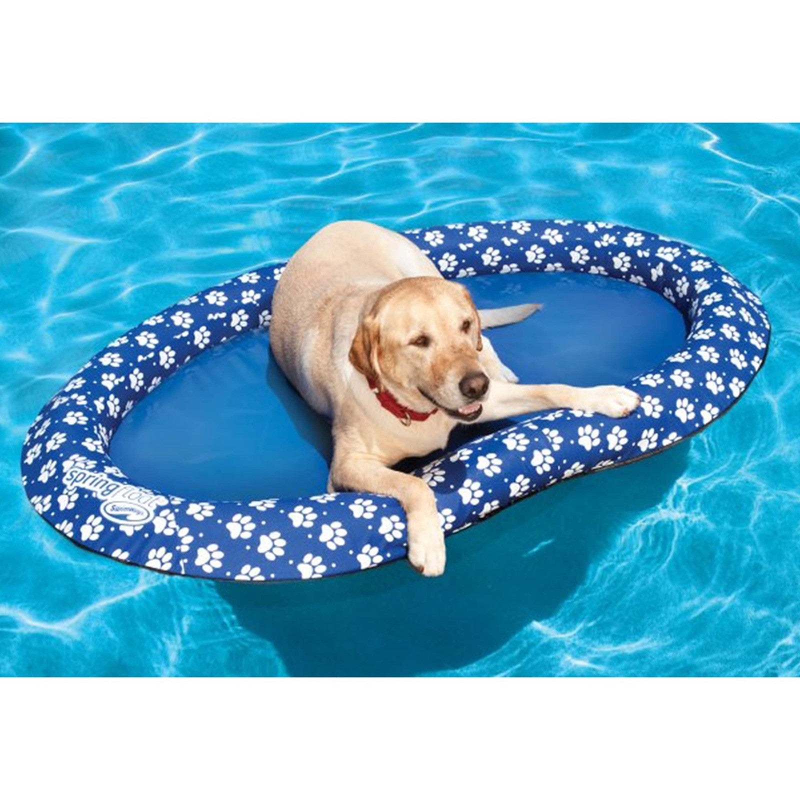 Large blue Swimways Paddle Paws spring float dog raft with paw print design, suitable for dogs 65 lbs and up, on water.