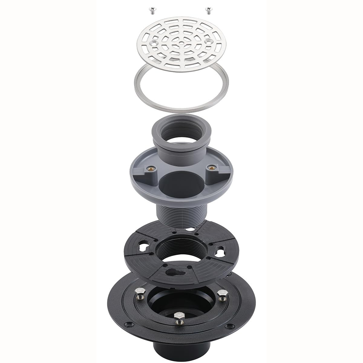 Random brushed nickel round shower drain with 4-inch diameter and adjustable PVC components for easy installation.
