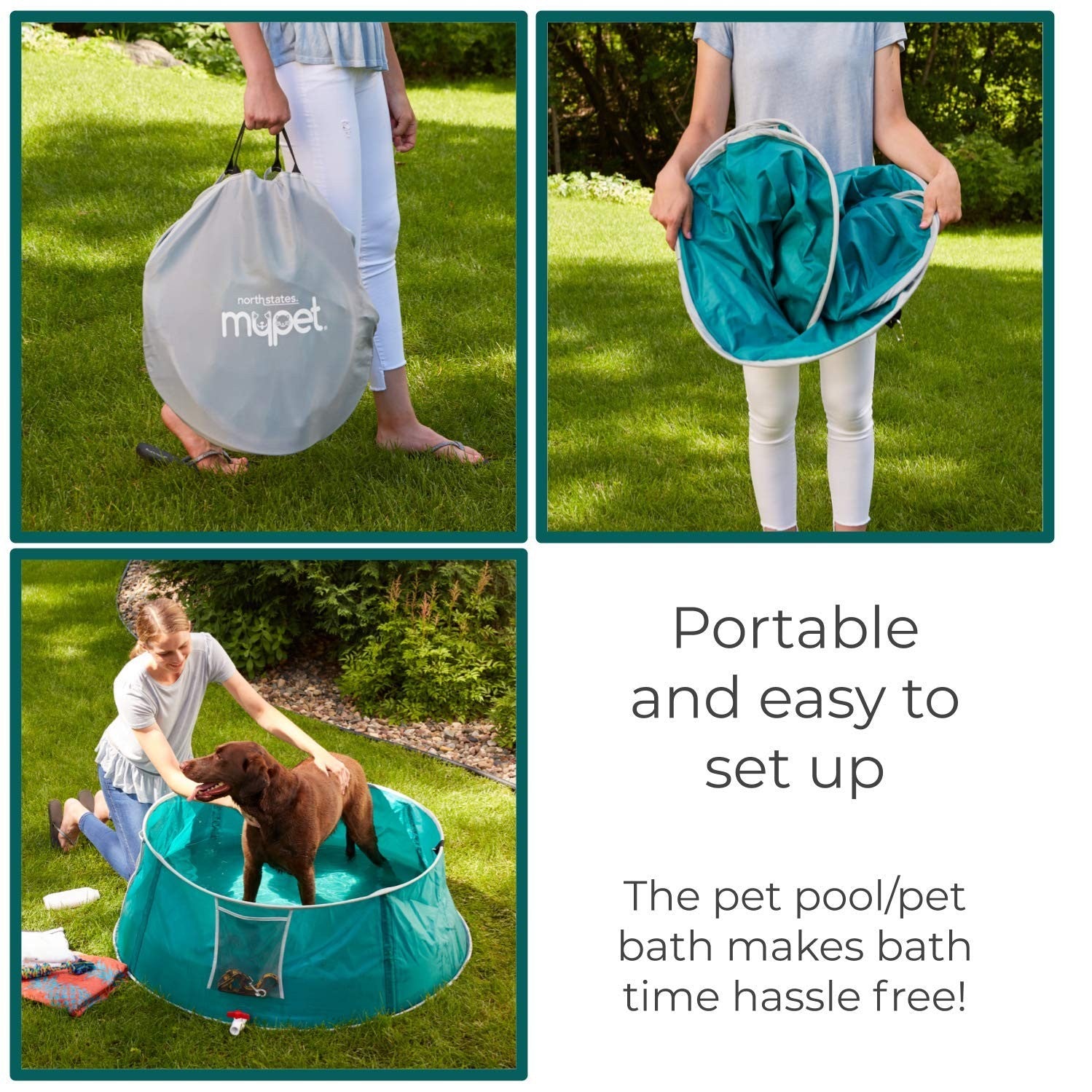MYPET North States portable foldable pet pool, 48-inch diameter, suitable for bathing or swimming pets, shown filled with water.