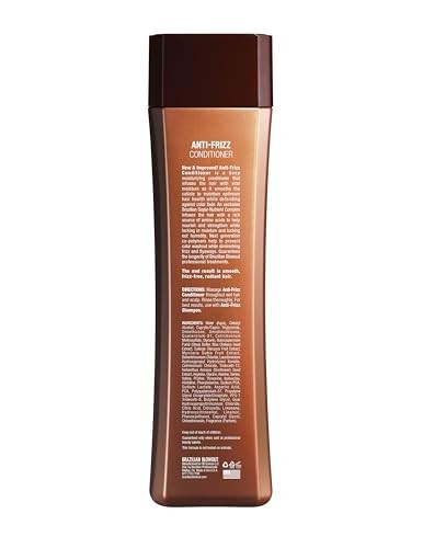 Brazilian Blowout Anti-Frizz Conditioner in 12 fl oz bottle, featuring sleek packaging and product label for frizz control and smooth hair.