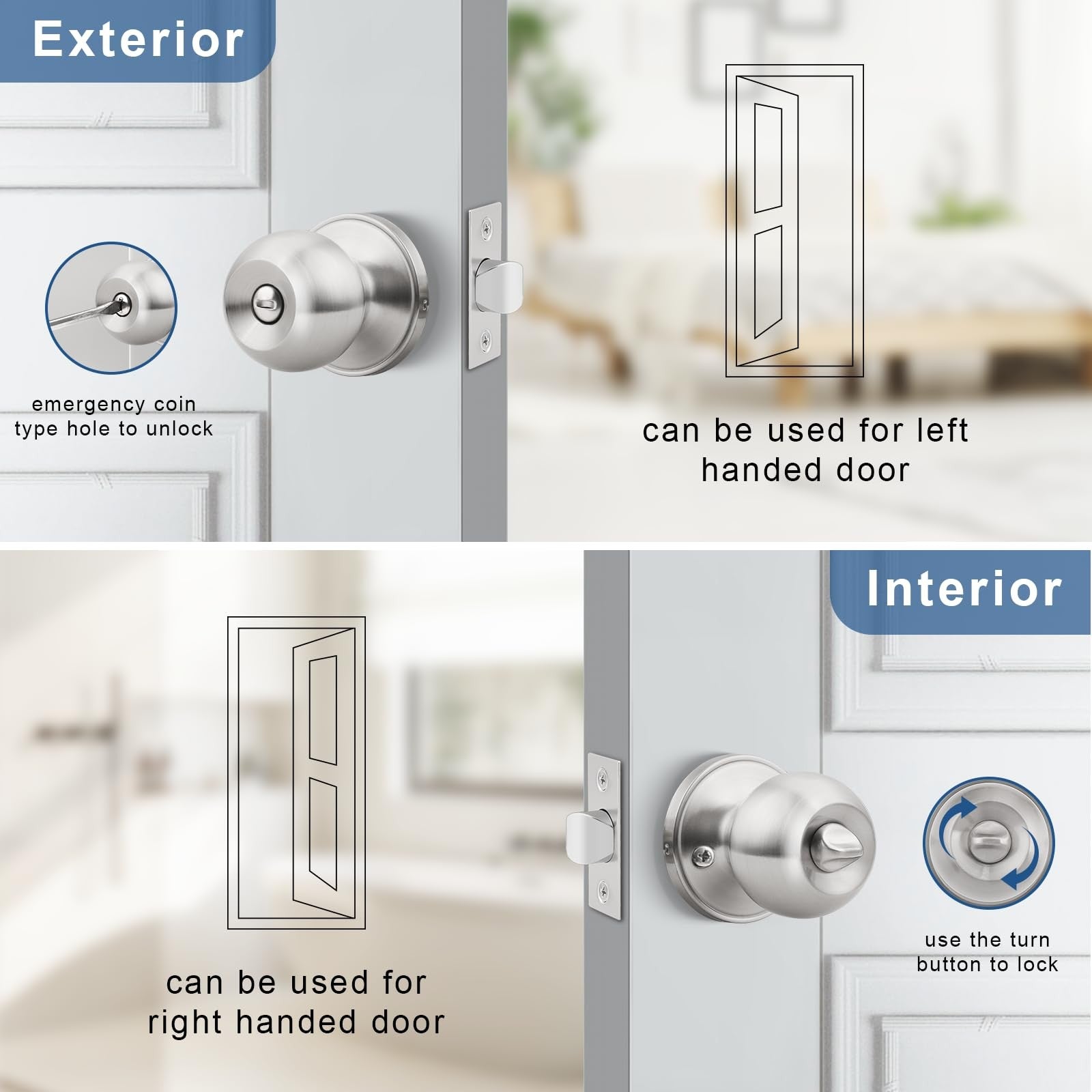 Set of five Knobonly satin nickel privacy door knobs, keyless interior door handles with a sleek, modern design.
