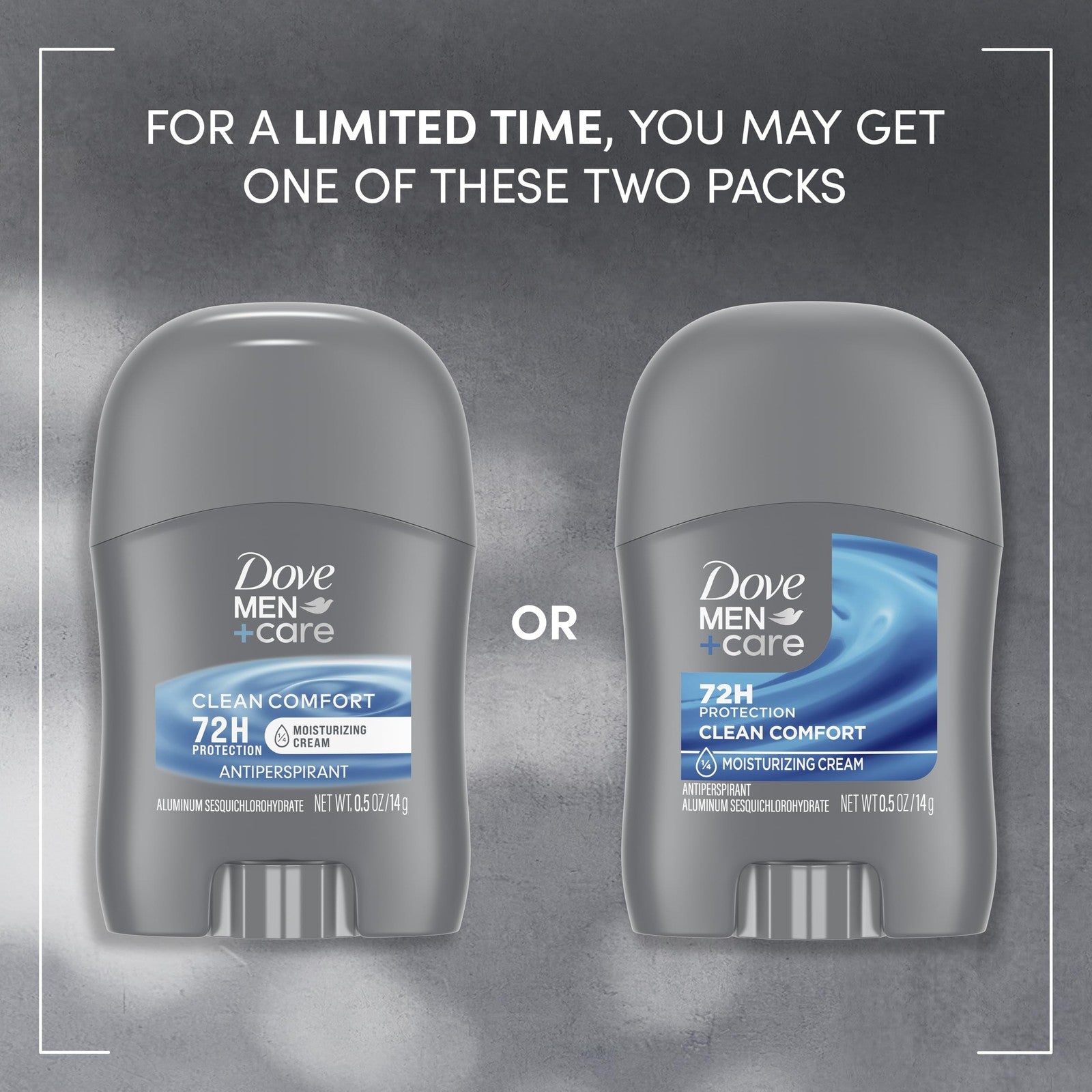 Dove Men+Care Clean Comfort antiperspirant deodorant stick, 36-pack, showing the deodorant stick with white and blue packaging