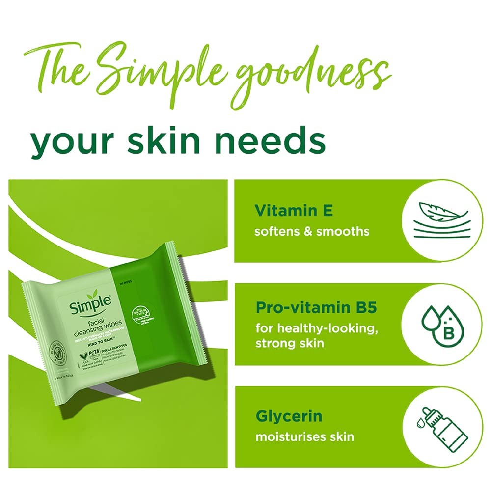 Simple Kind to Skin cleansing facial wipes, 25 count pack, shown in a six-pack collection for gentle facial cleansing.