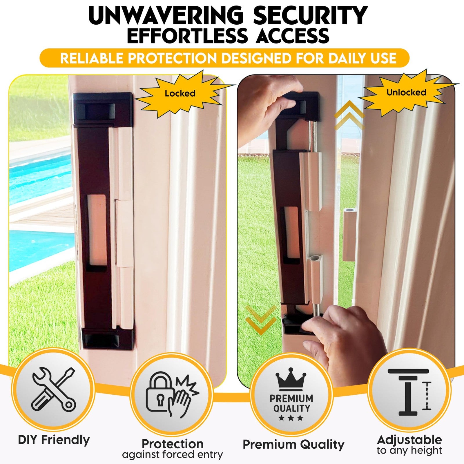 TOUGHBOLT sliding door lock with double deadbolt security and child safety feature, showing the lock mechanism on a glass door.