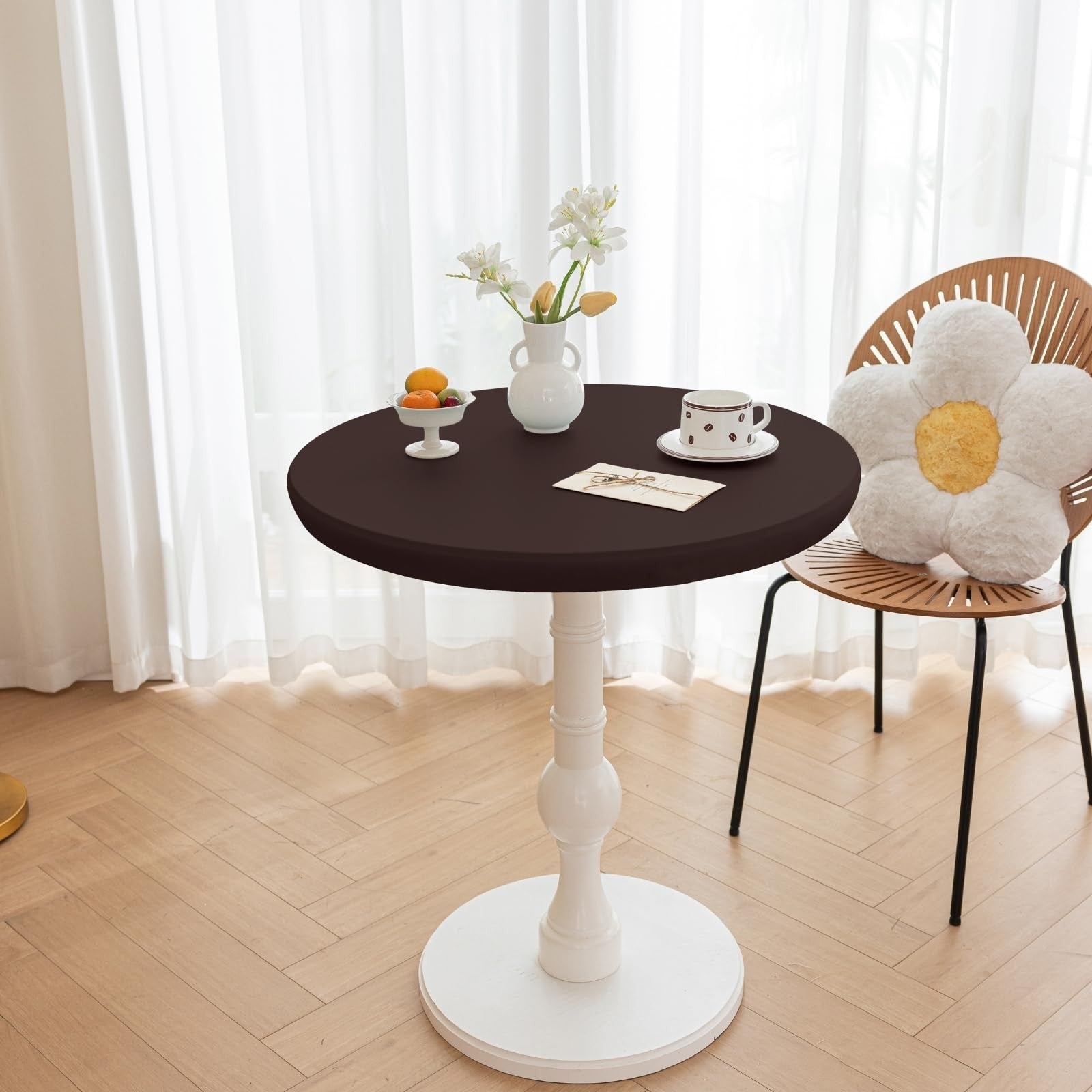 Huierxun round fitted PU tablecloth, 59-inch diameter, waterproof, oil-proof, stain-resistant, suitable for dining tables.