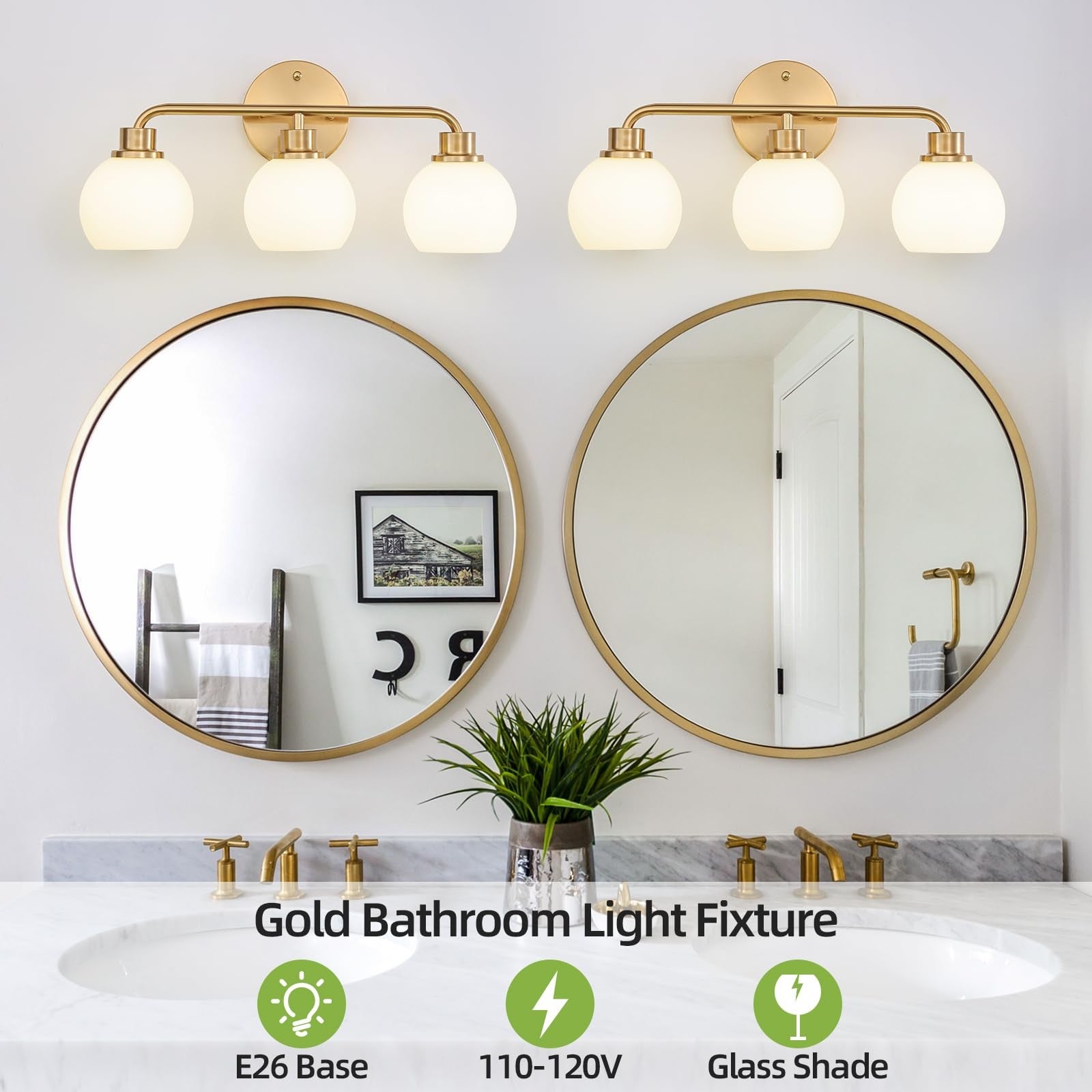 Watyo gold bathroom vanity light fixture with three wall sconces and modern design, ideal for bathroom lighting.