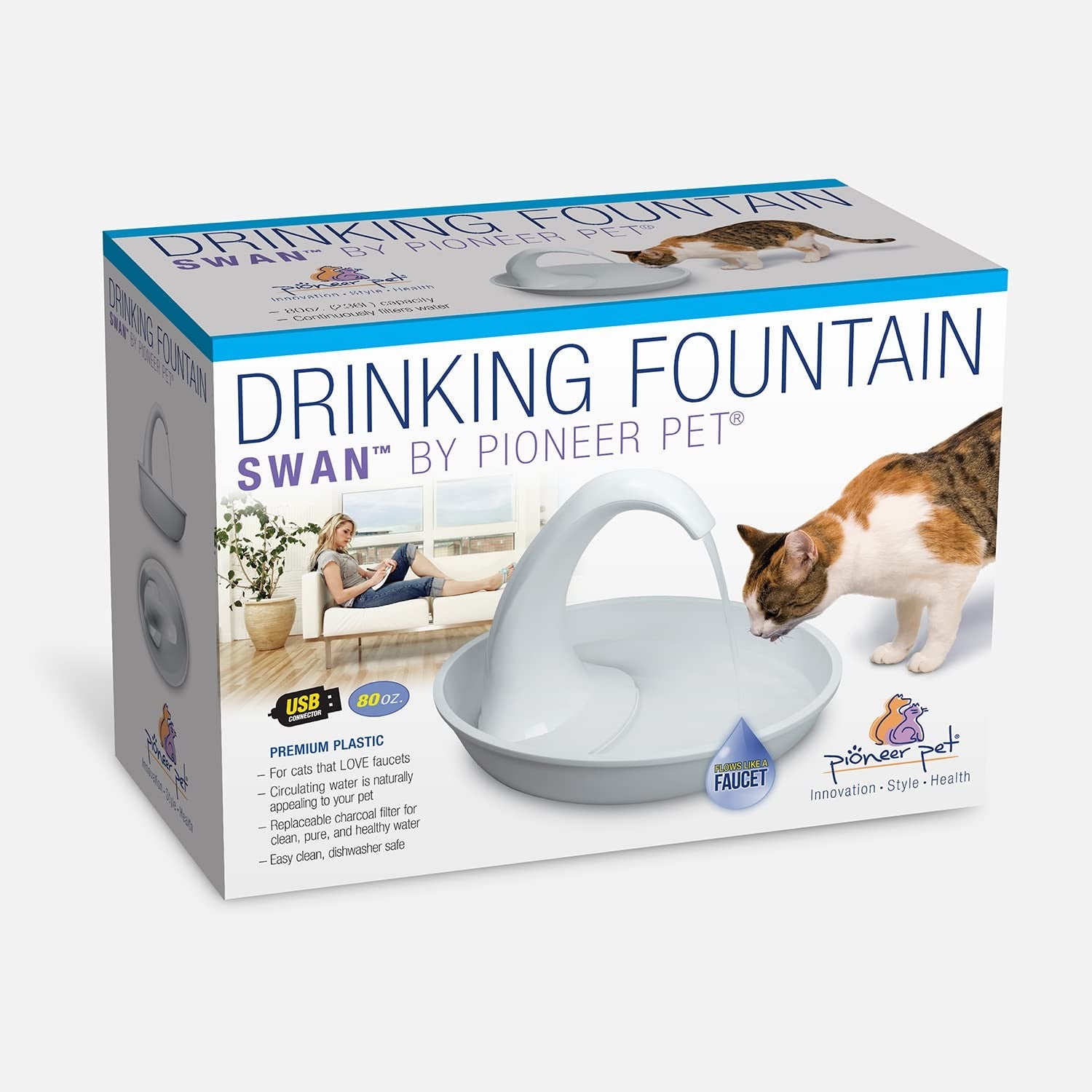 Pioneer Pet Swan pet drinking fountain for cats and dogs, 80oz capacity, featuring a sleek design and flowing water for pets.