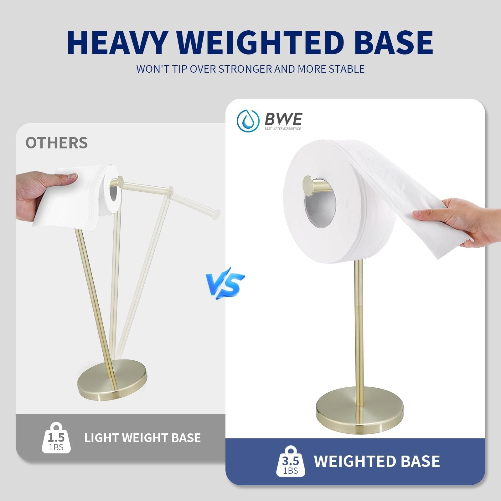 Brushed gold BWE modern toilet paper holder stand with tissue roll storage on a bathroom countertop.