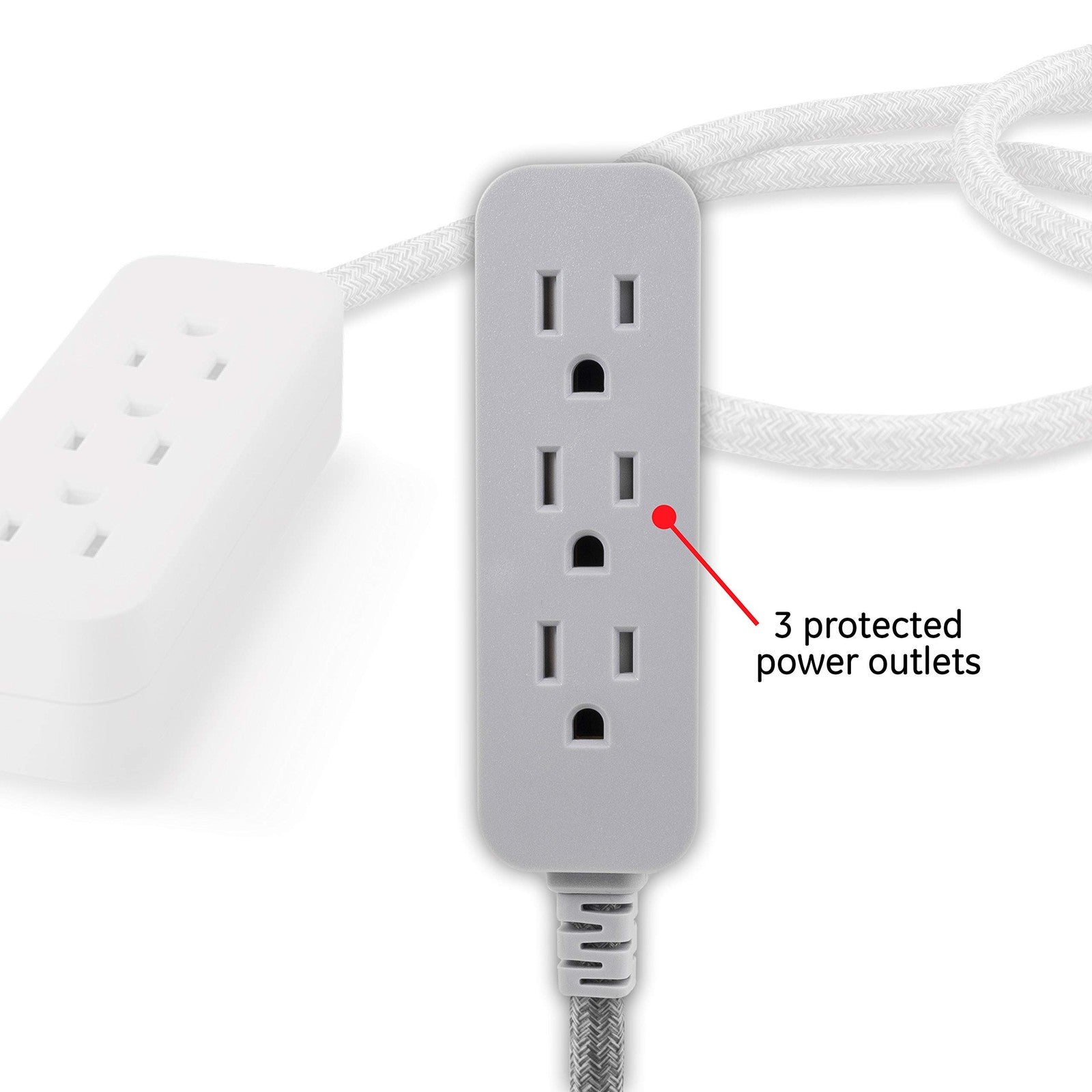 GE Pro 3 Outlet Surge Protector Power Strip with 15 ft braided extension cord, durable design, and multiple outlets for electronic devices.