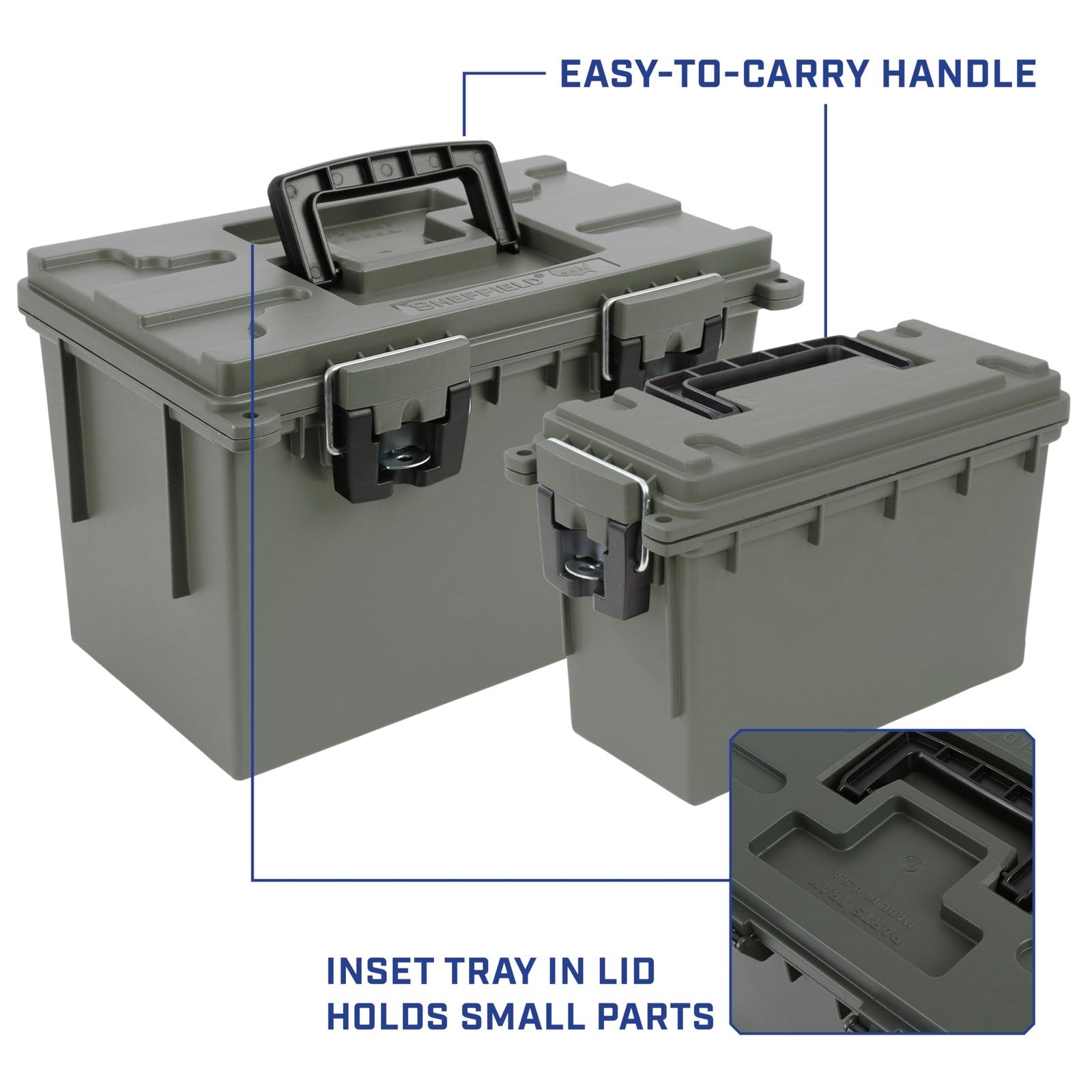 Sheffield 12713 storage bins with lids, 2-pack, stackable plastic storage containers in clear with blue lids.